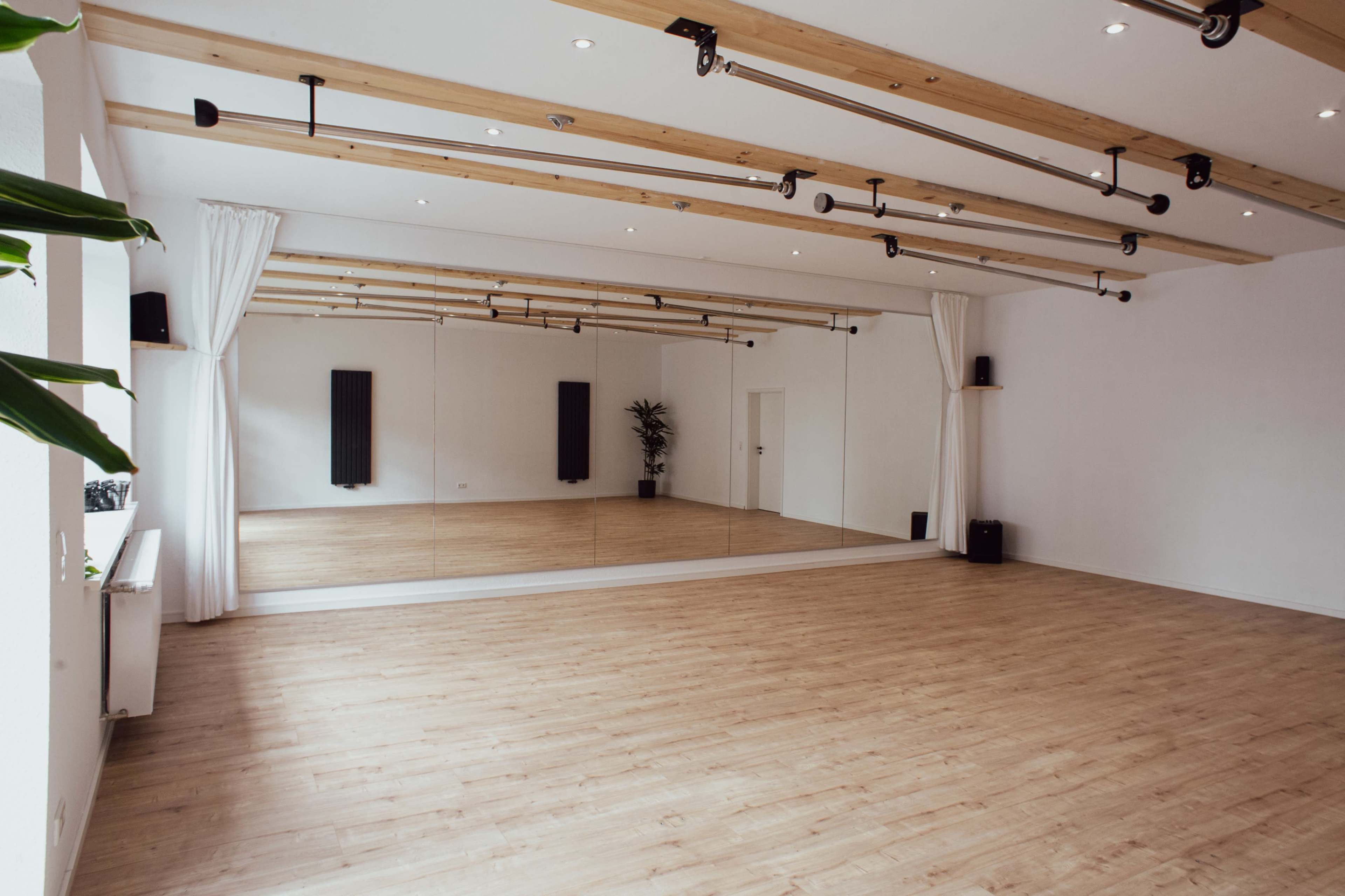 The image shows a spacious, well-lit dance studio featuring wooden floors, mirrored walls, and overhead lighting.