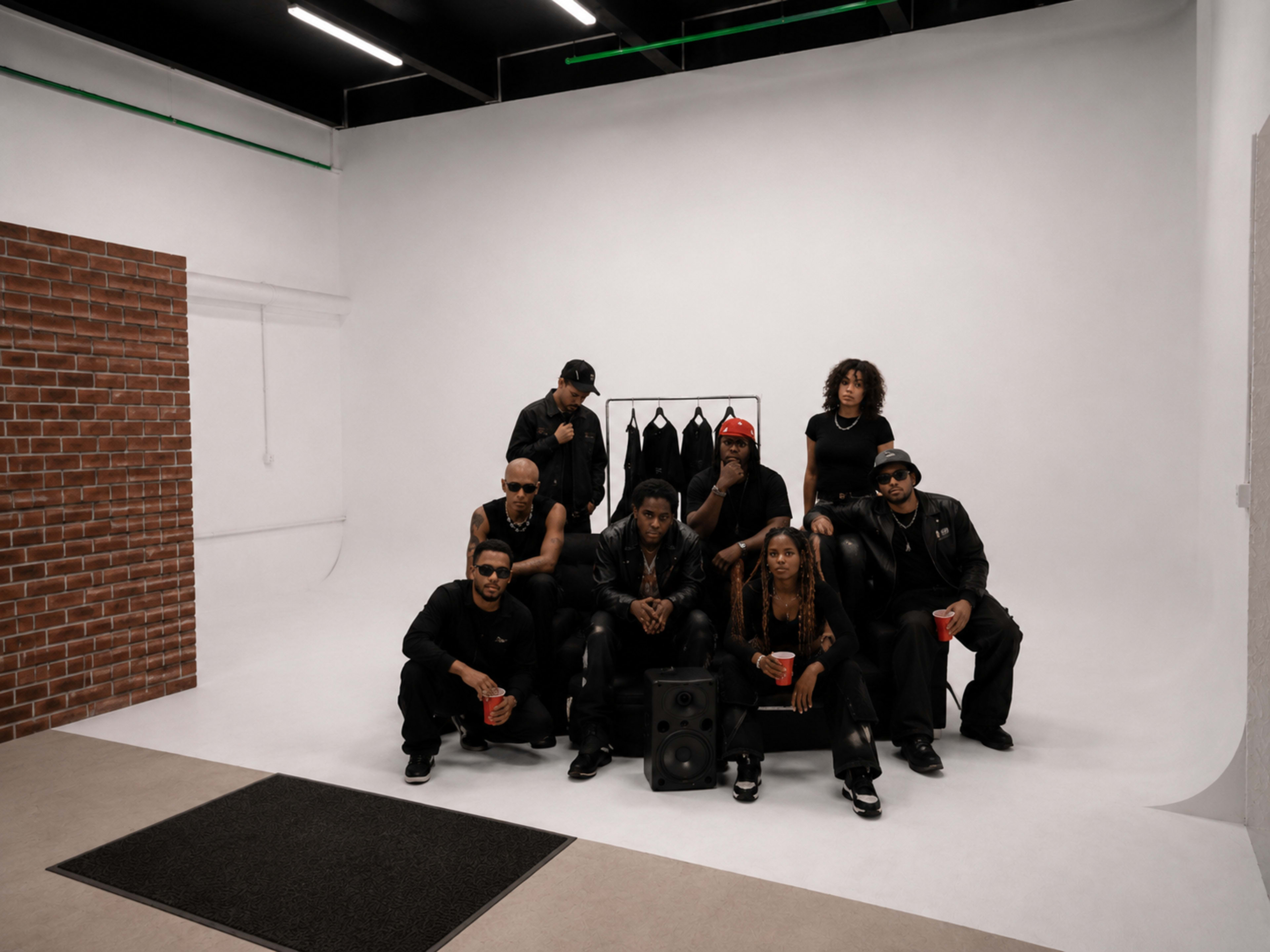 A group of nine people is seated and standing in a studio with a plain white backdrop, displaying a mix of casual and stylish attire.
