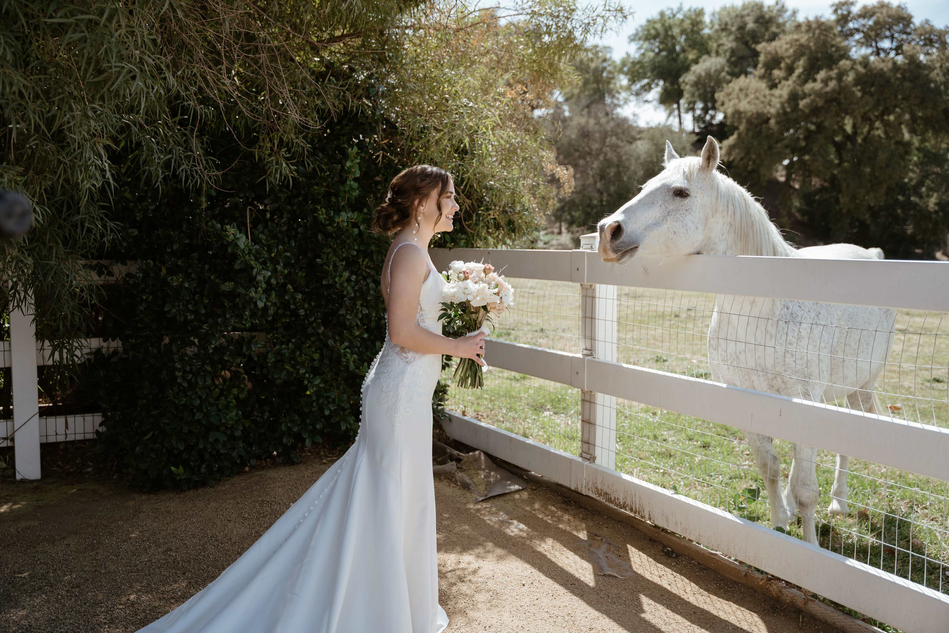 A bride in a white gown holds a bouquet while standing near a white horse at a fence in a sunny outdoor setting.