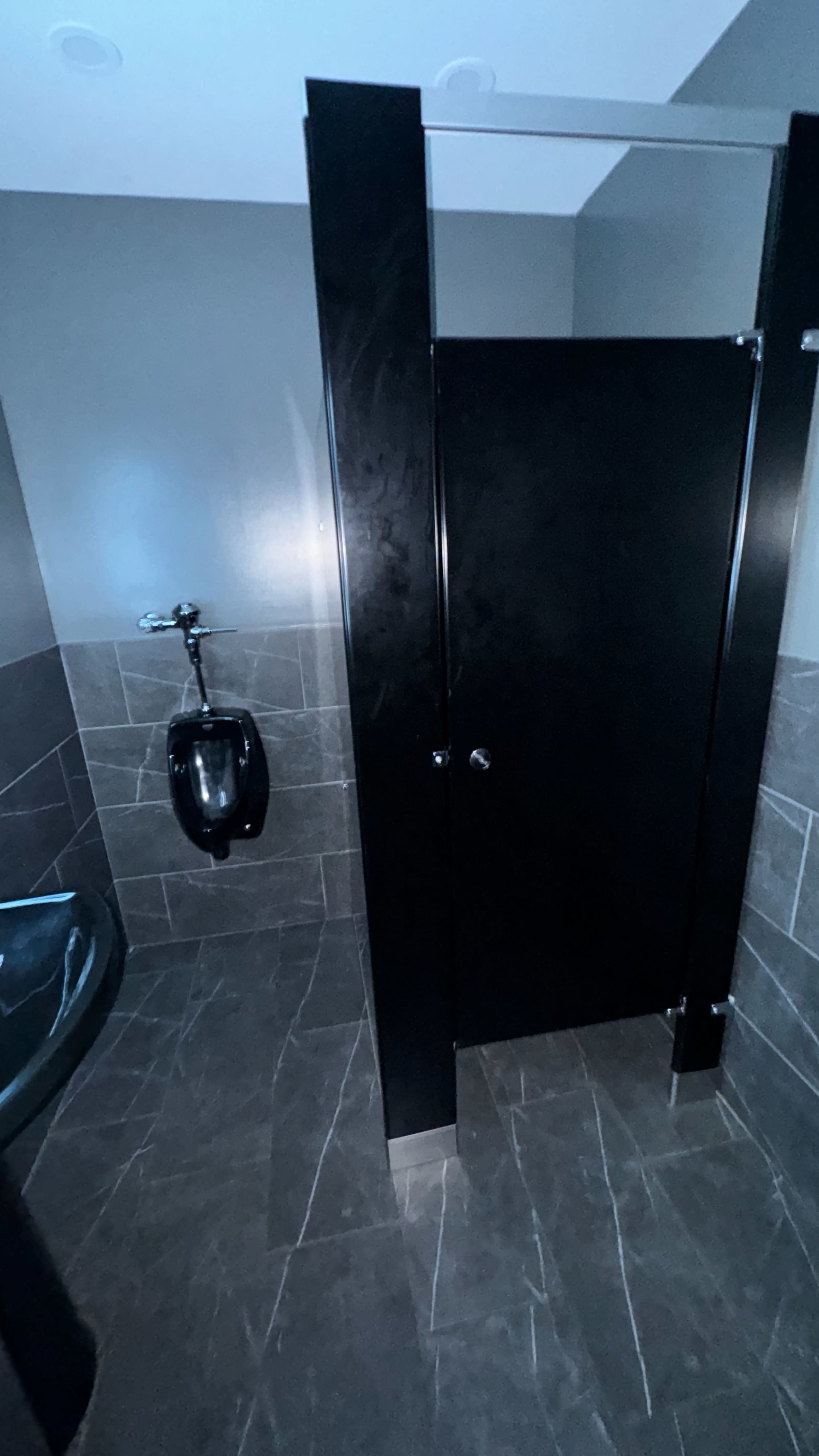 The image shows a modern bathroom with a black toilet stall, a urinal on the wall, and stone tile flooring.