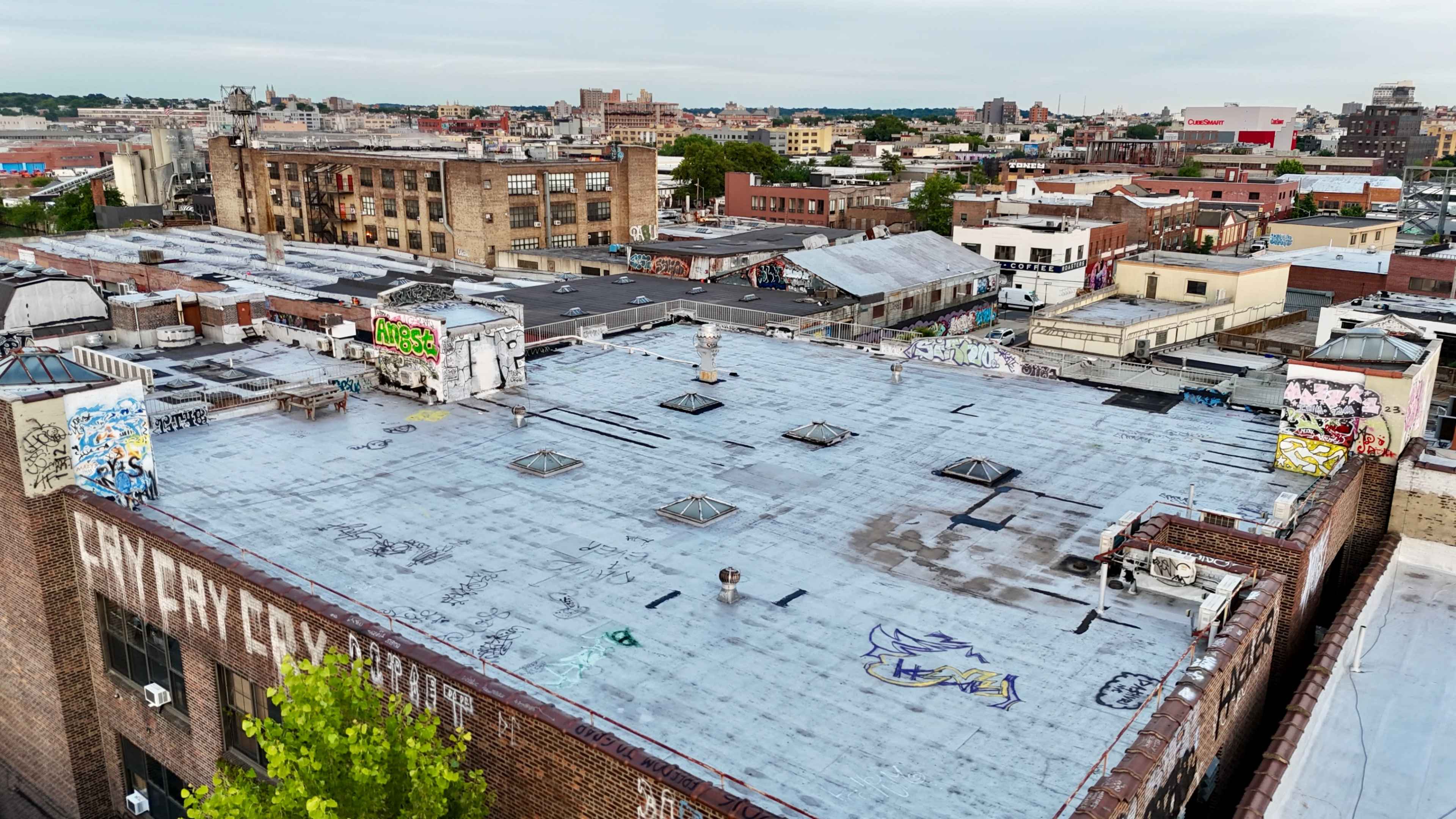 An urban rooftop covered in graffiti, with several buildings and a distant skyline visible.