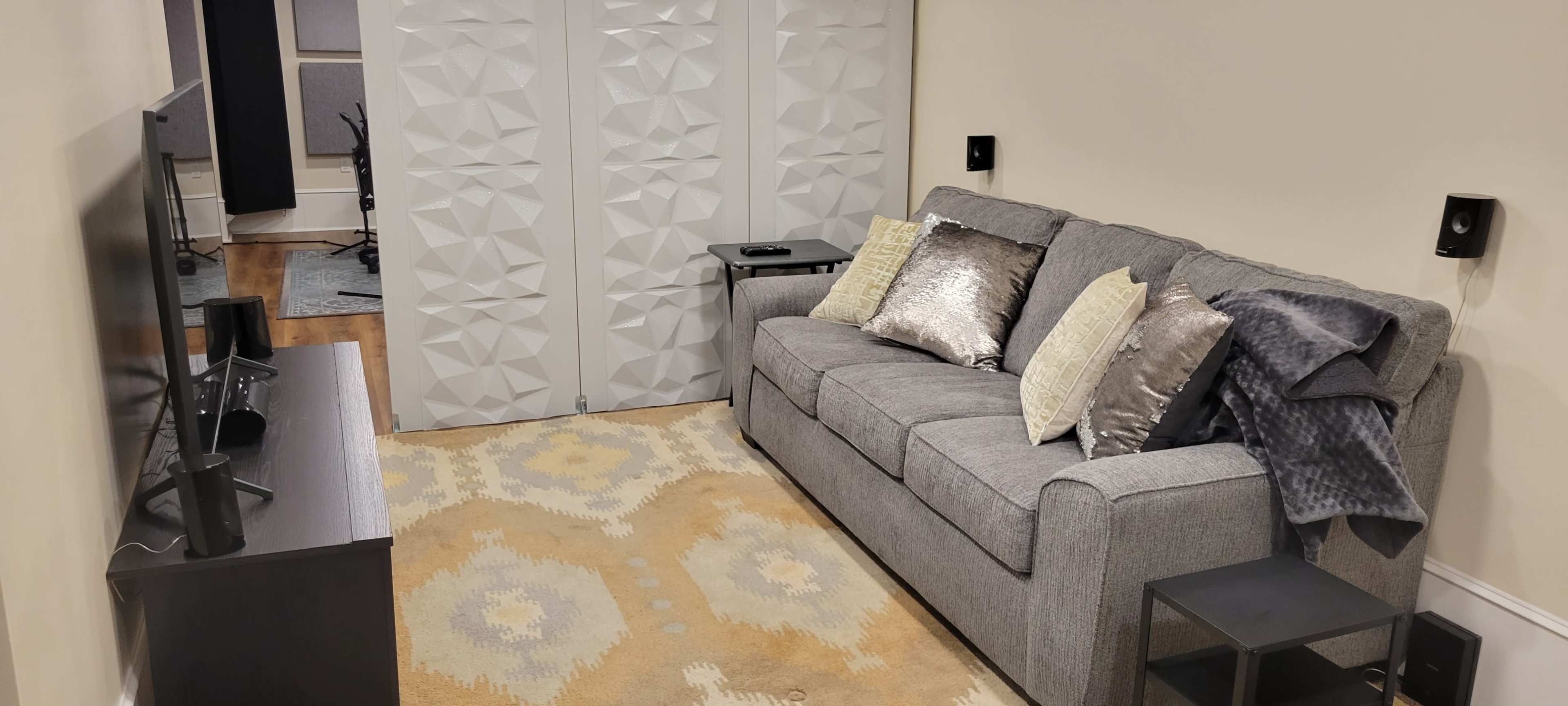A modern living room with a gray sofa, decorative pillows, a television on a stand, and a patterned area rug, separated by a folding screen.