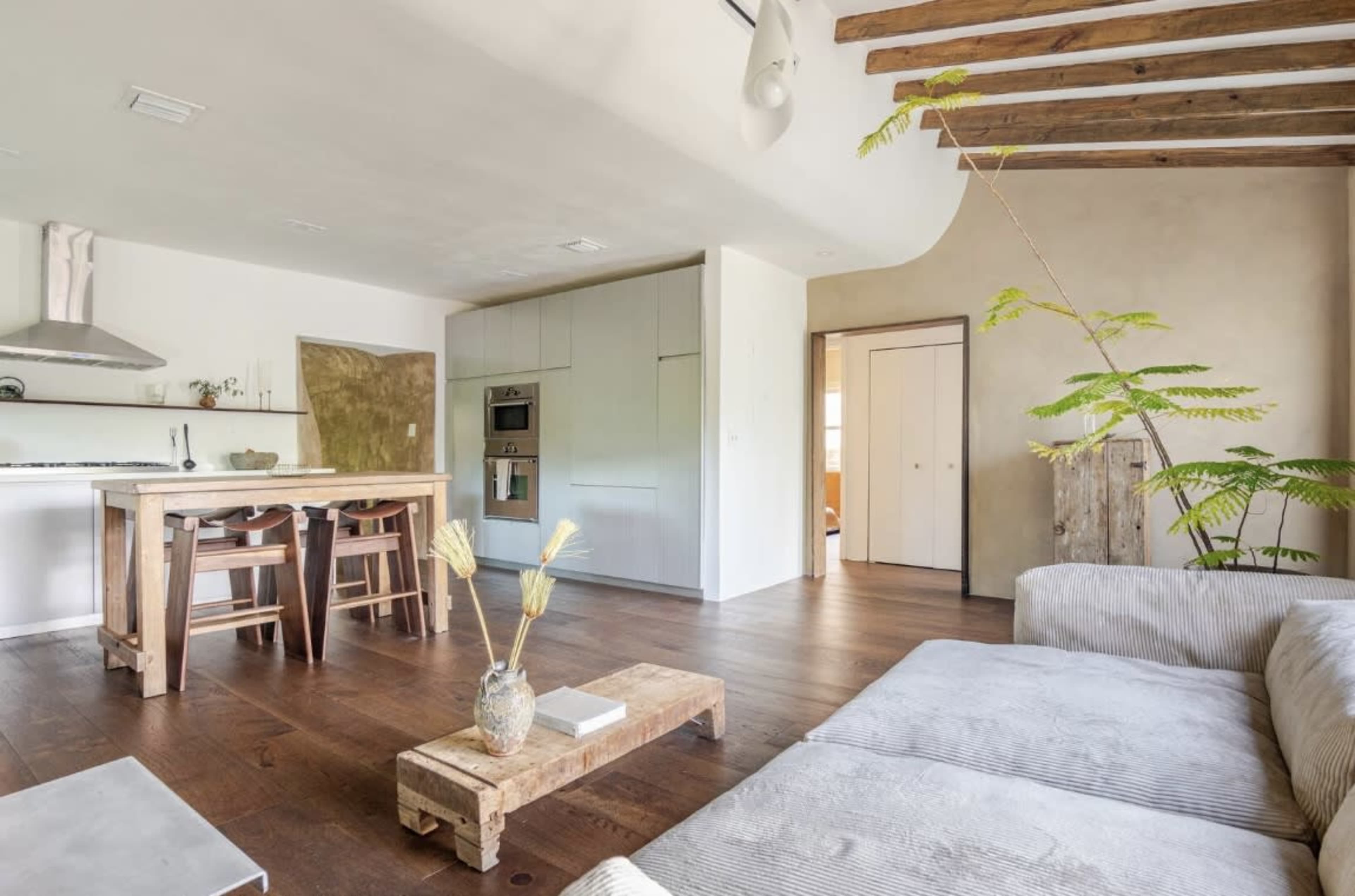 The image shows a modern kitchen and living area with wooden beams, a minimalist design, and a potted plant.