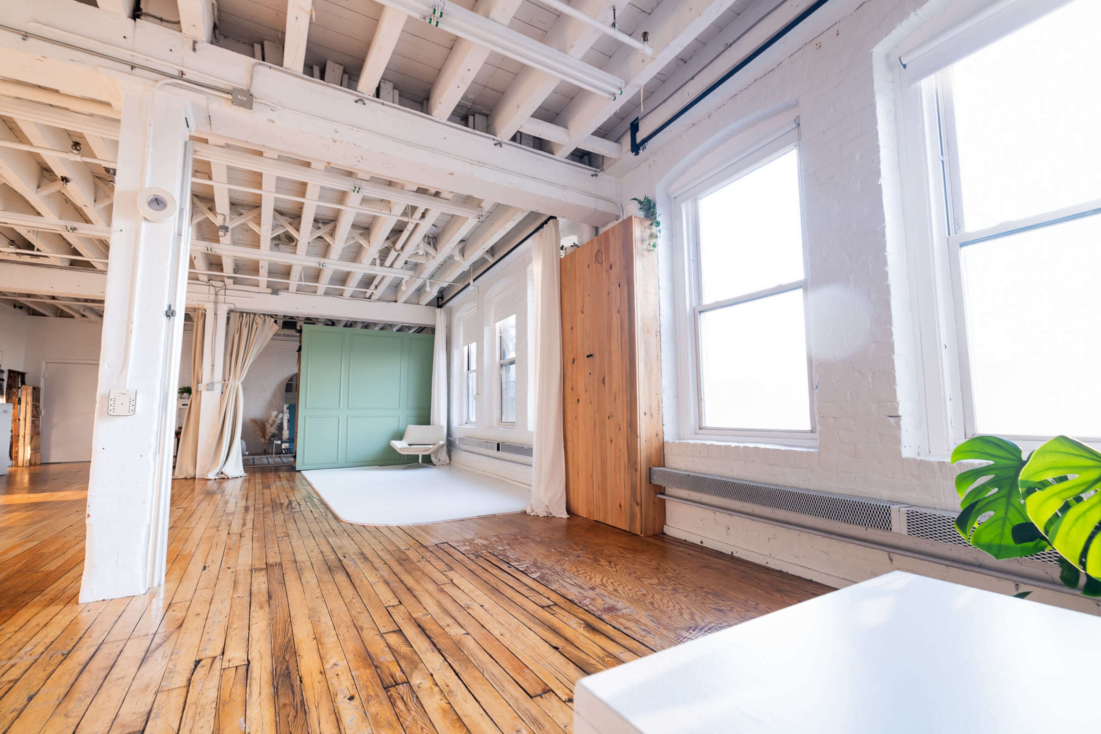 The image shows a spacious, well-lit interior with wooden floors, white walls, and large windows, featuring a minimalist design with a light-colored backdrop and natural greenery.