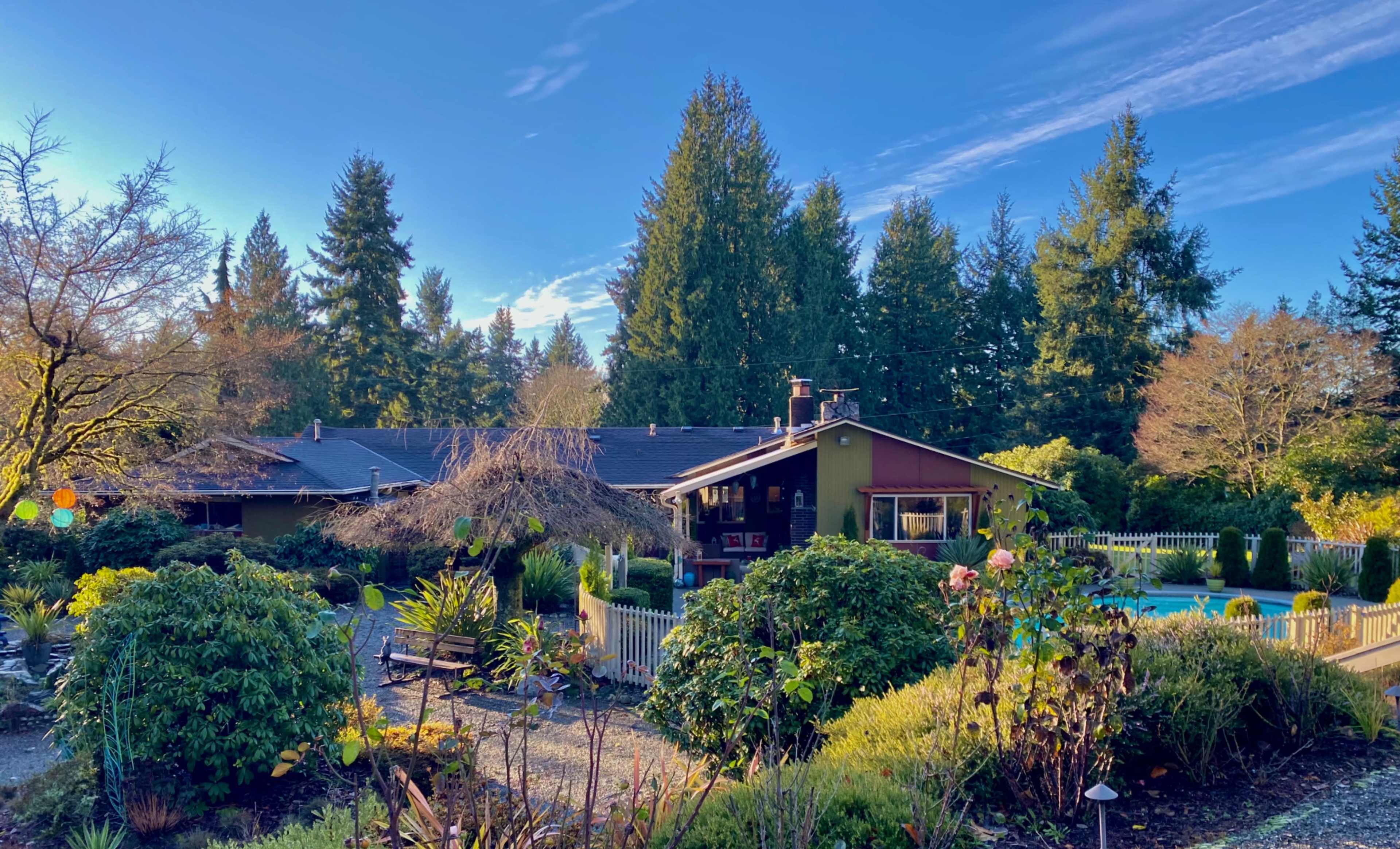 A house surrounded by lush greenery and trees, with a pool in the backyard and a garden in the foreground.