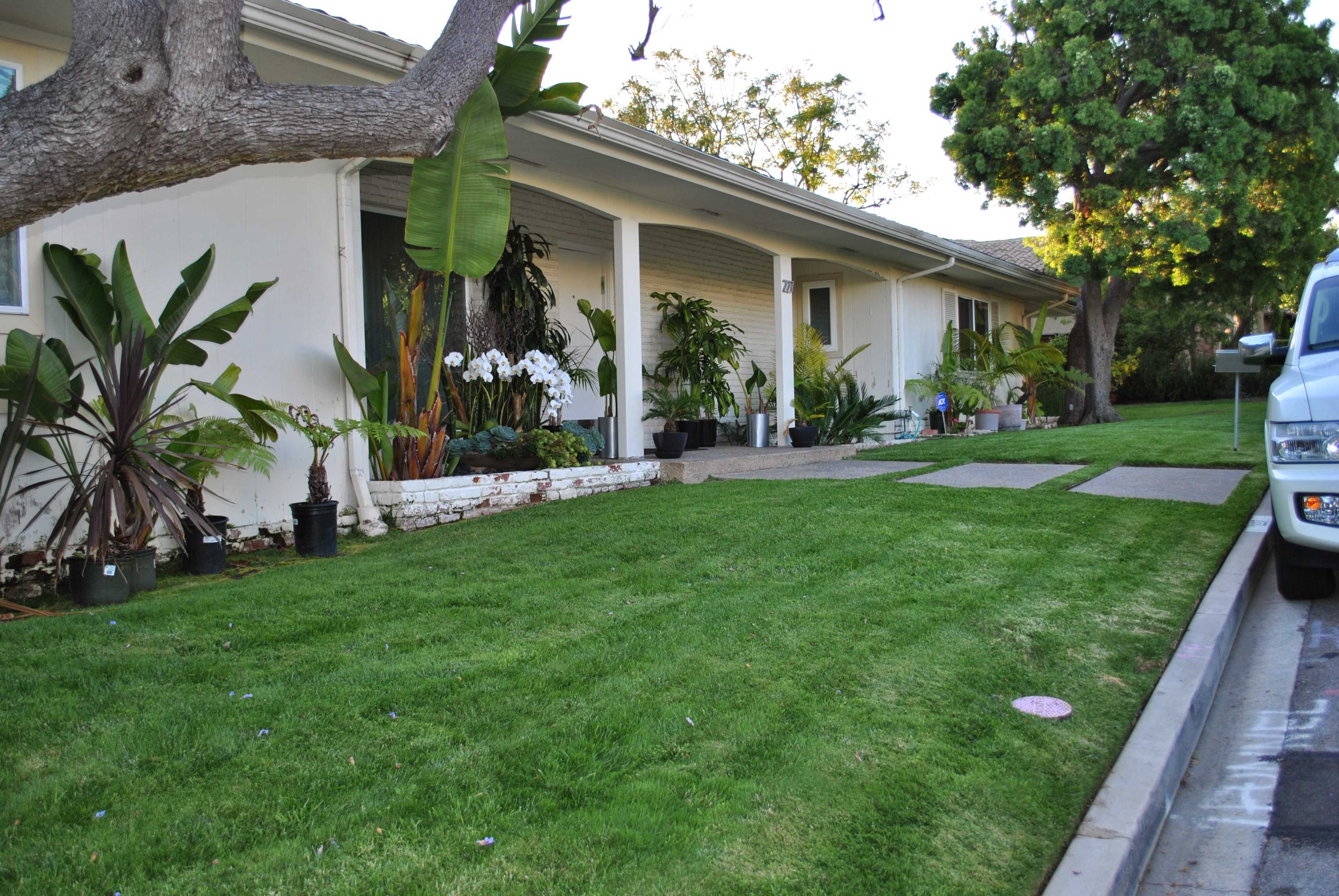 A residential house with a lawn, flower beds, and potted plants alongside a paved walkway.
