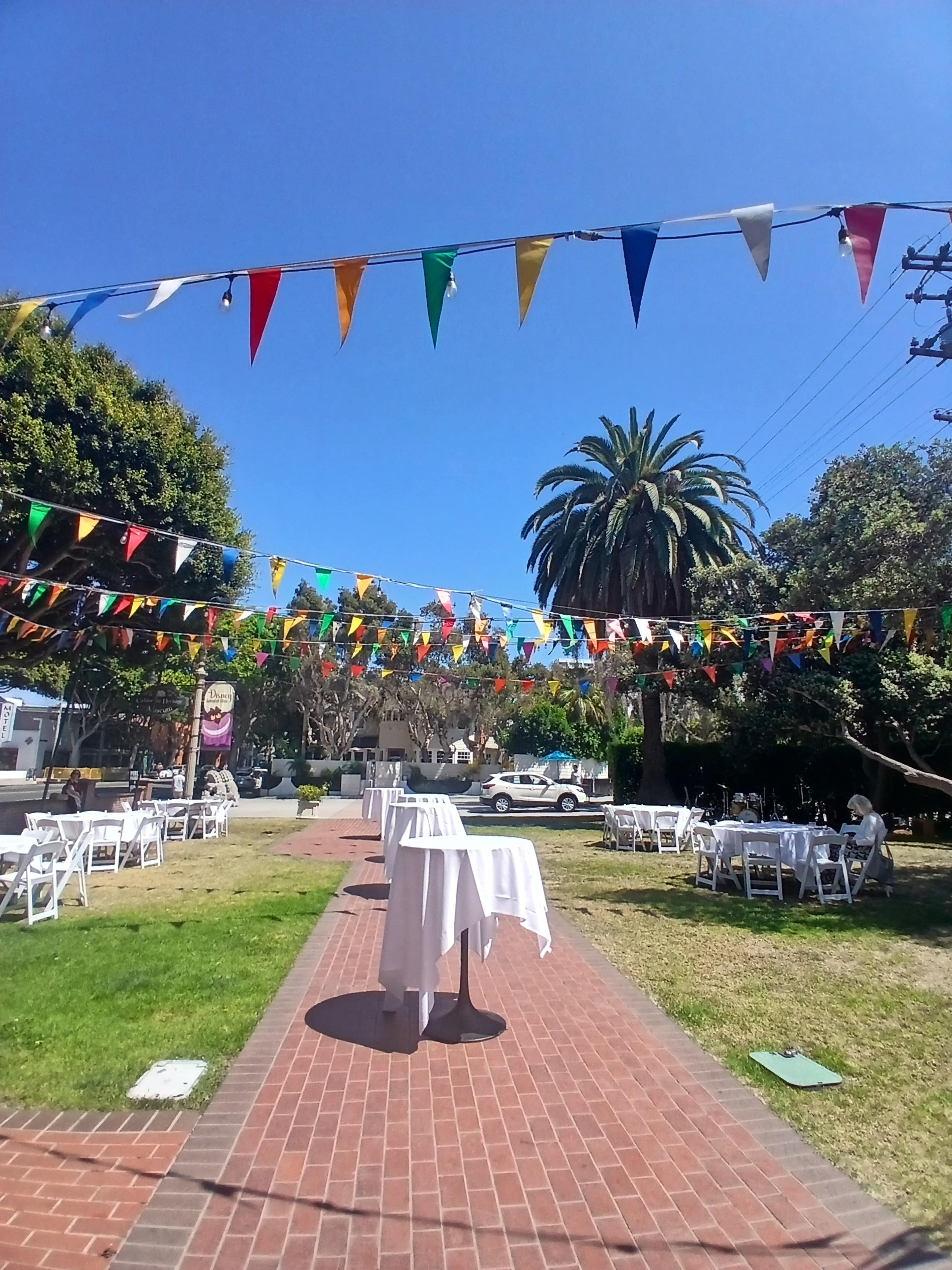 The image shows a festive outdoor setting with colorful flags strung above an arranged pathway leading to tables and a palm tree.