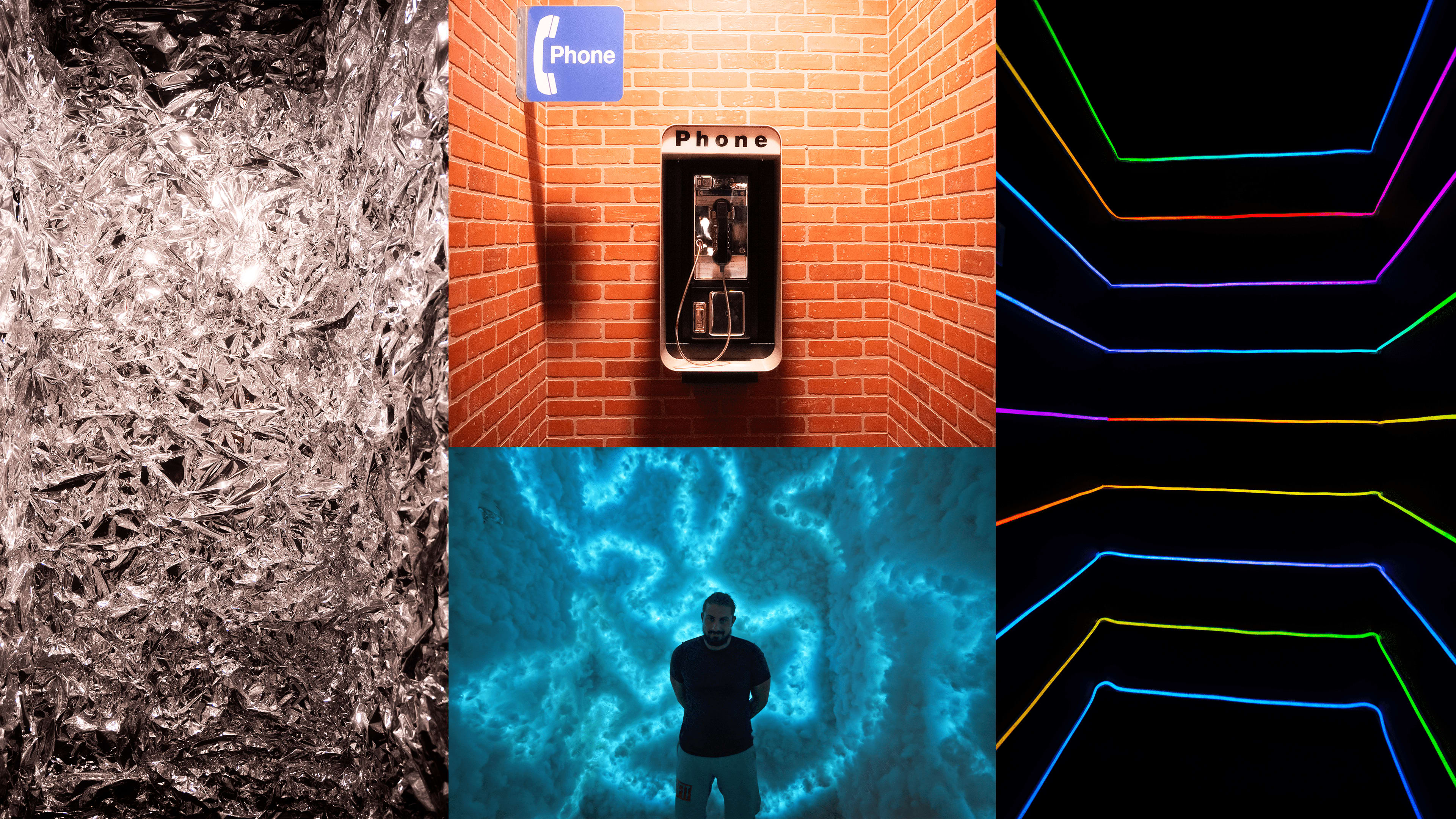 The image collage features a vintage phone booth against a brick wall, a person illuminated by blue light in a textured environment, and colorful neon lines on a dark background.