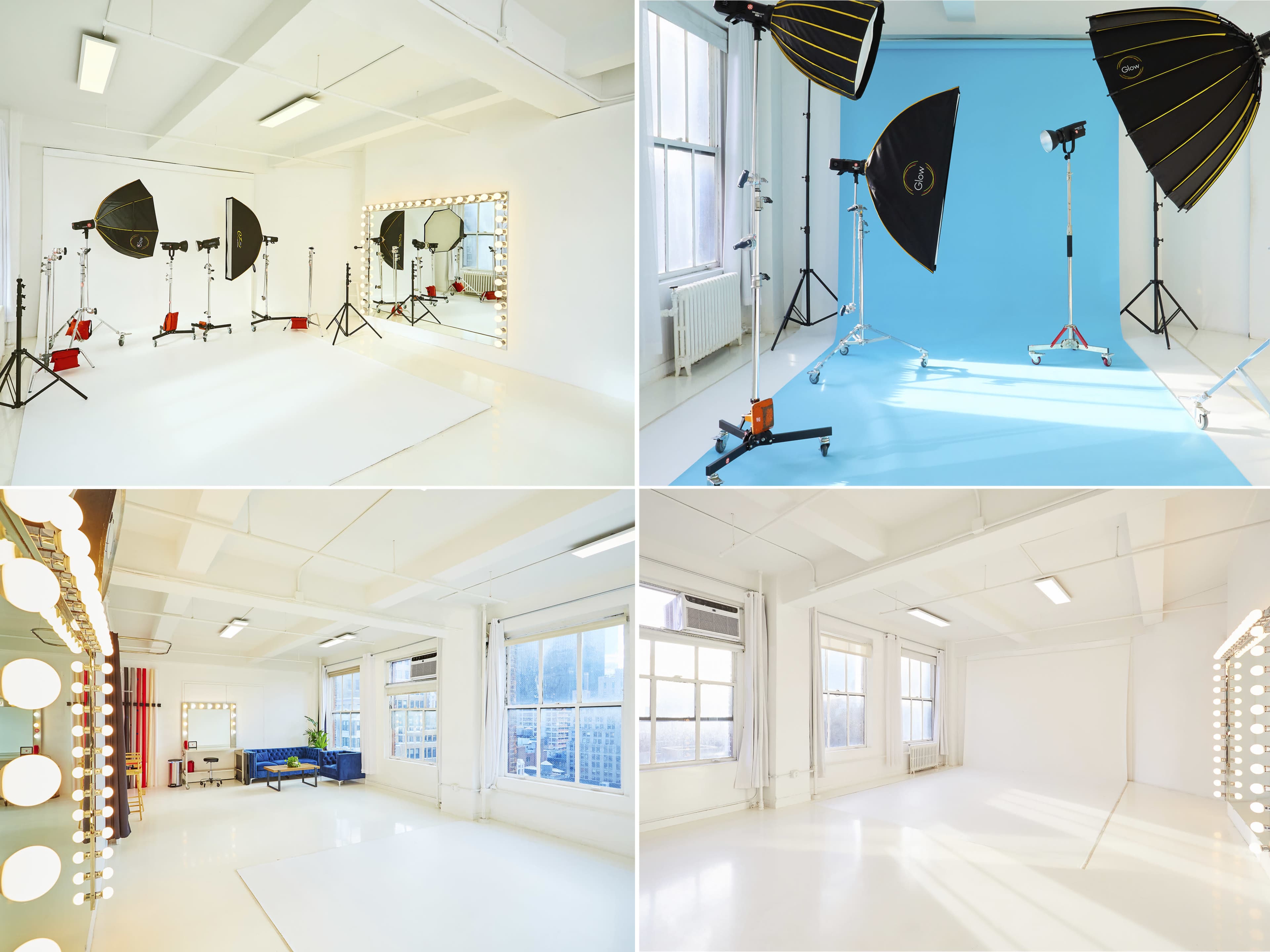 The image shows a well-lit photography studio featuring multiple lighting setups, a blue backdrop, and large windows for natural light.
