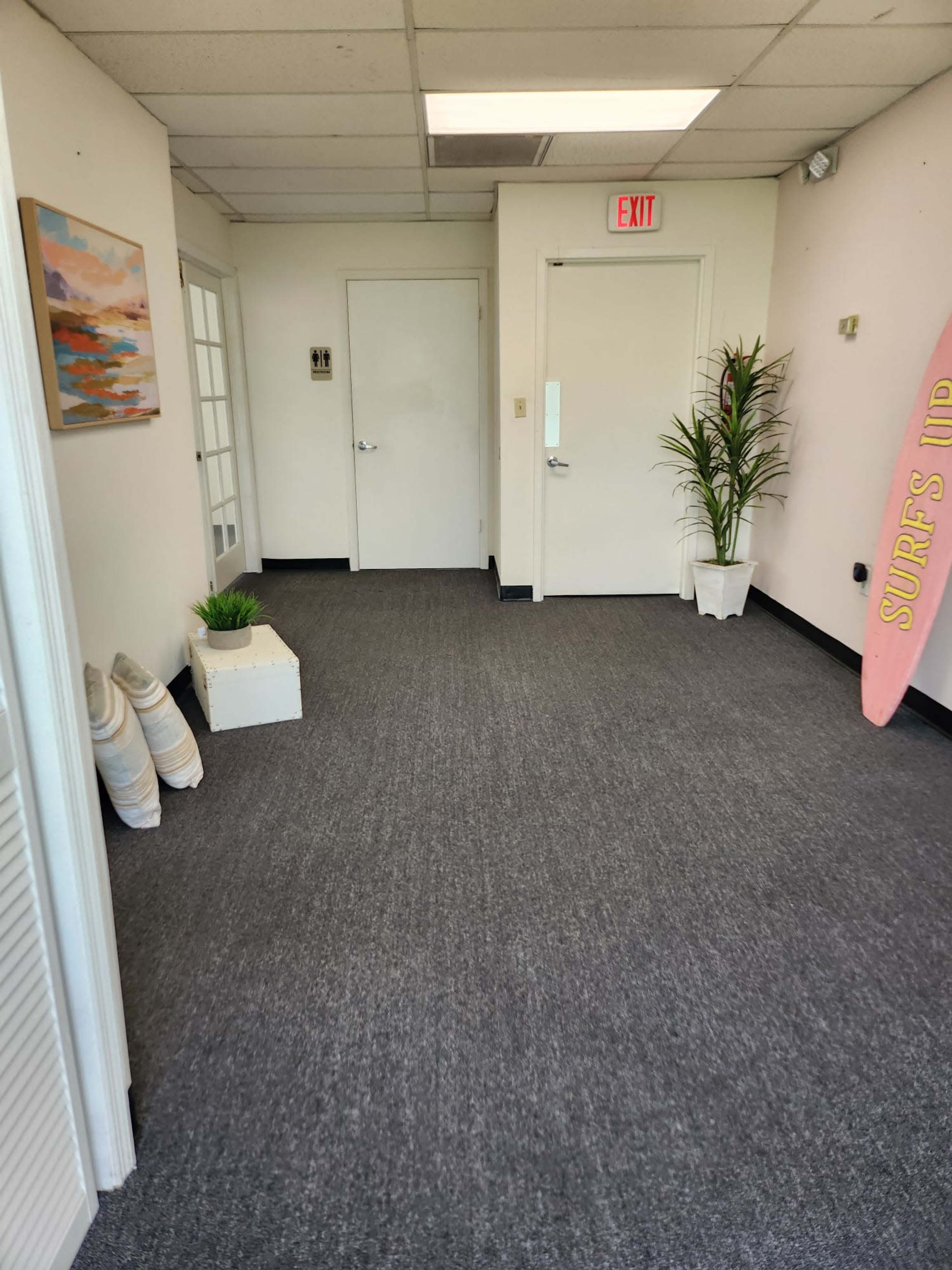 A hallway with gray carpet, featuring two doors, a plant in a white pot, a small planter, decorative pillows, and a surfboard leaning against the wall.