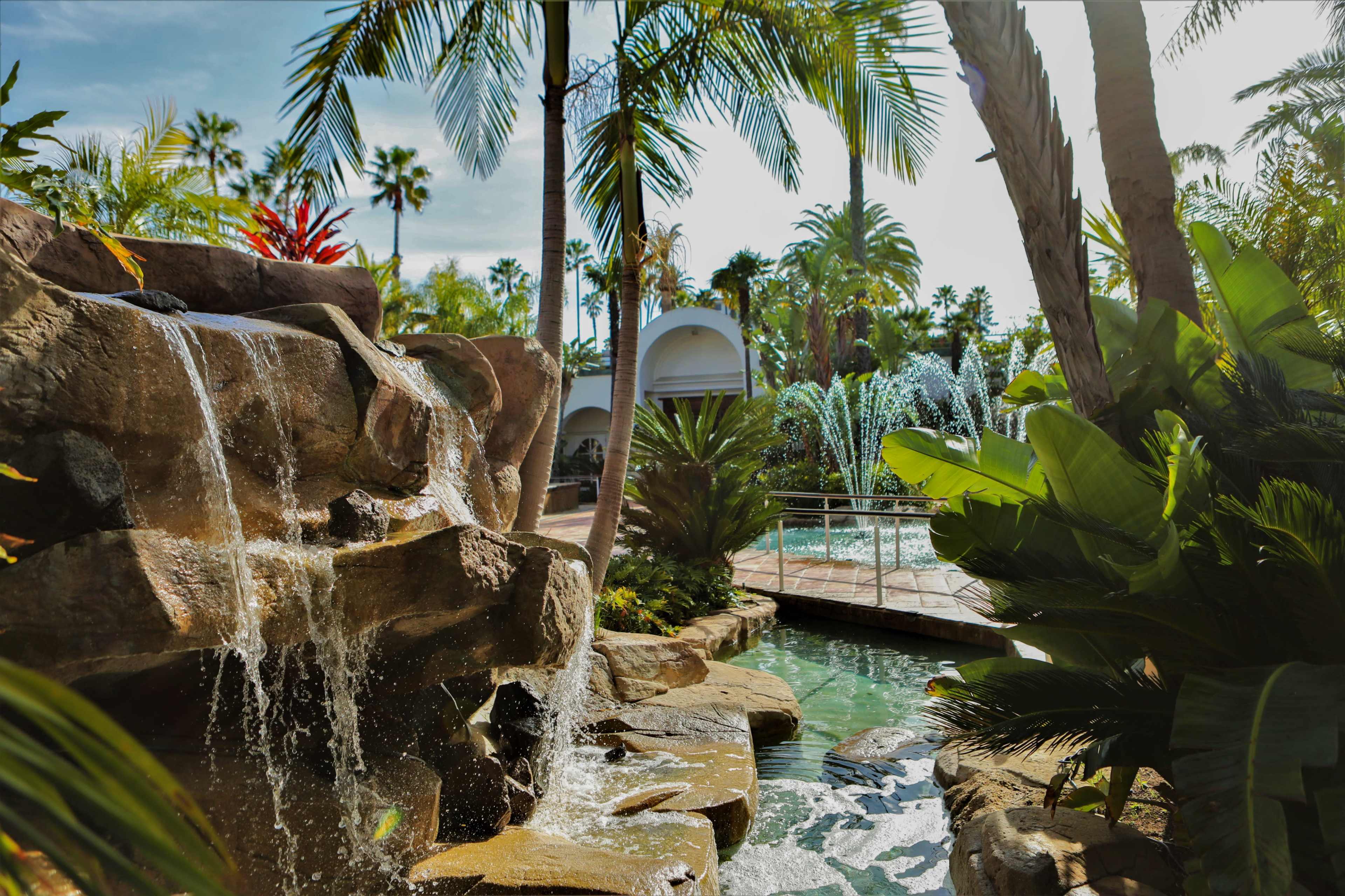 A waterfall cascades over rocks into a calm pool surrounded by tropical plants and palm trees.