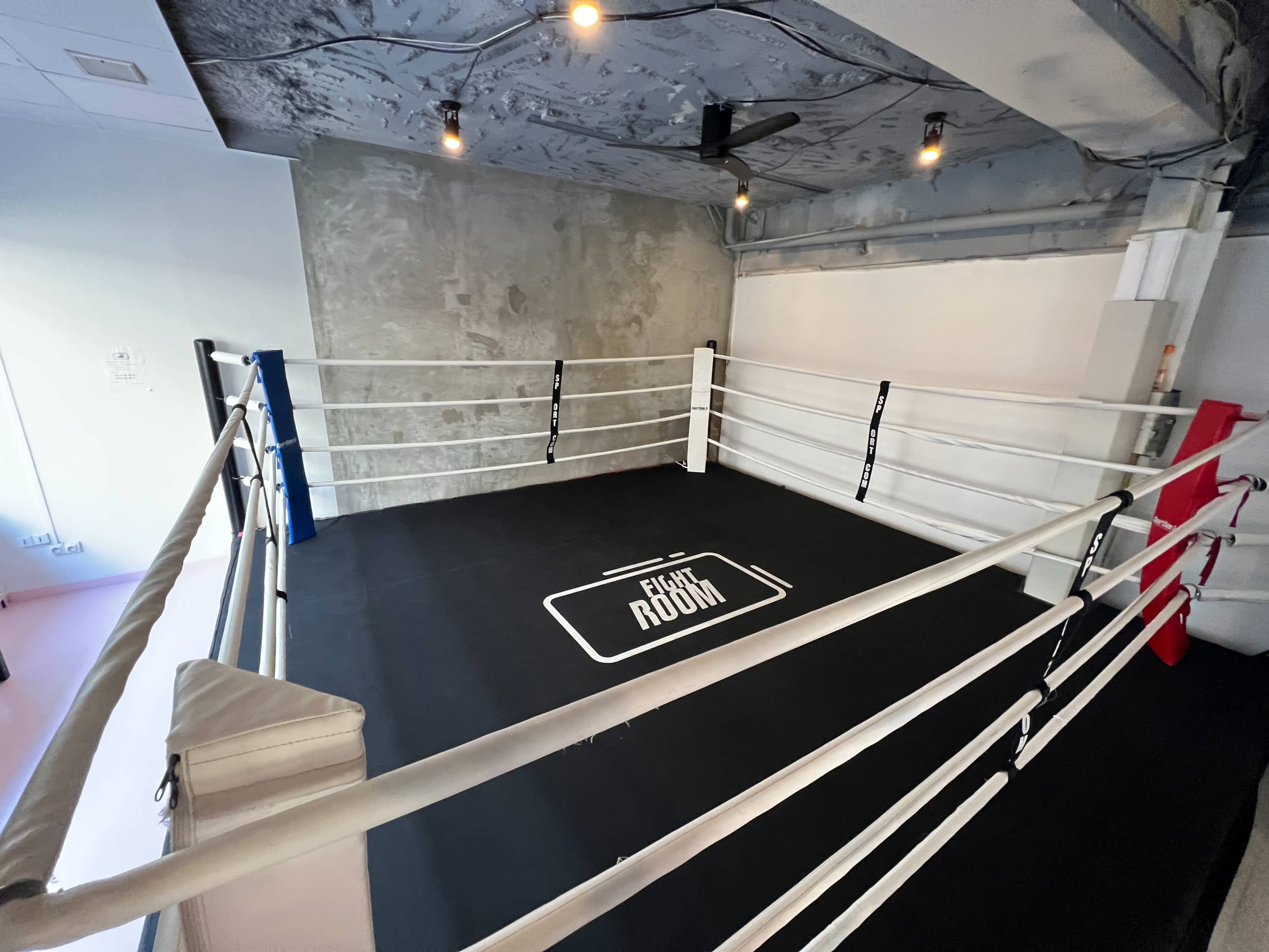 The image shows an empty boxing ring with white ropes and a black mat labeled "FIGHT ROOM" in a minimalist gym setting.
