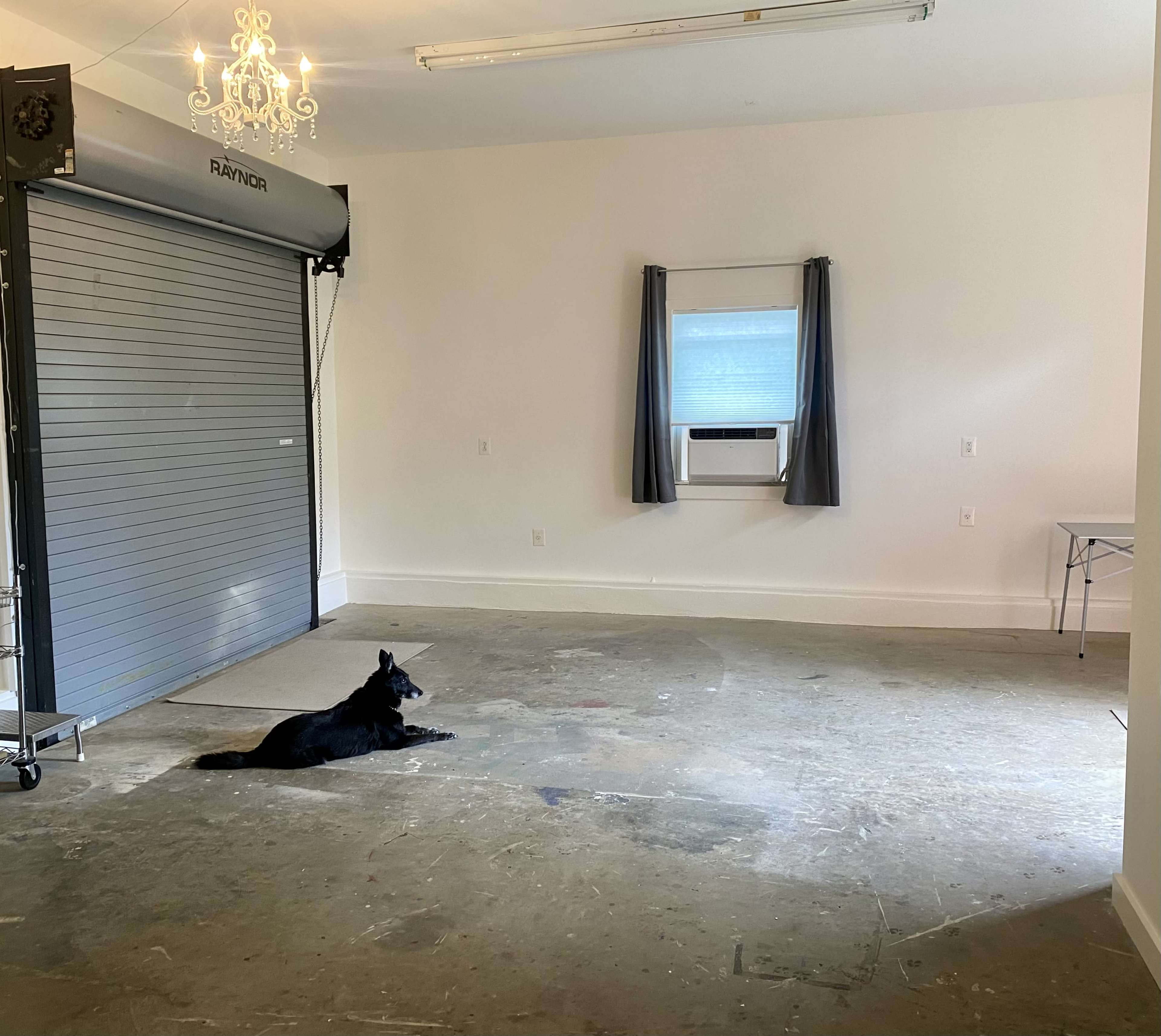 A black dog lies on a concrete floor in a spacious, empty room with a roll-up door and an air conditioning unit in the window.