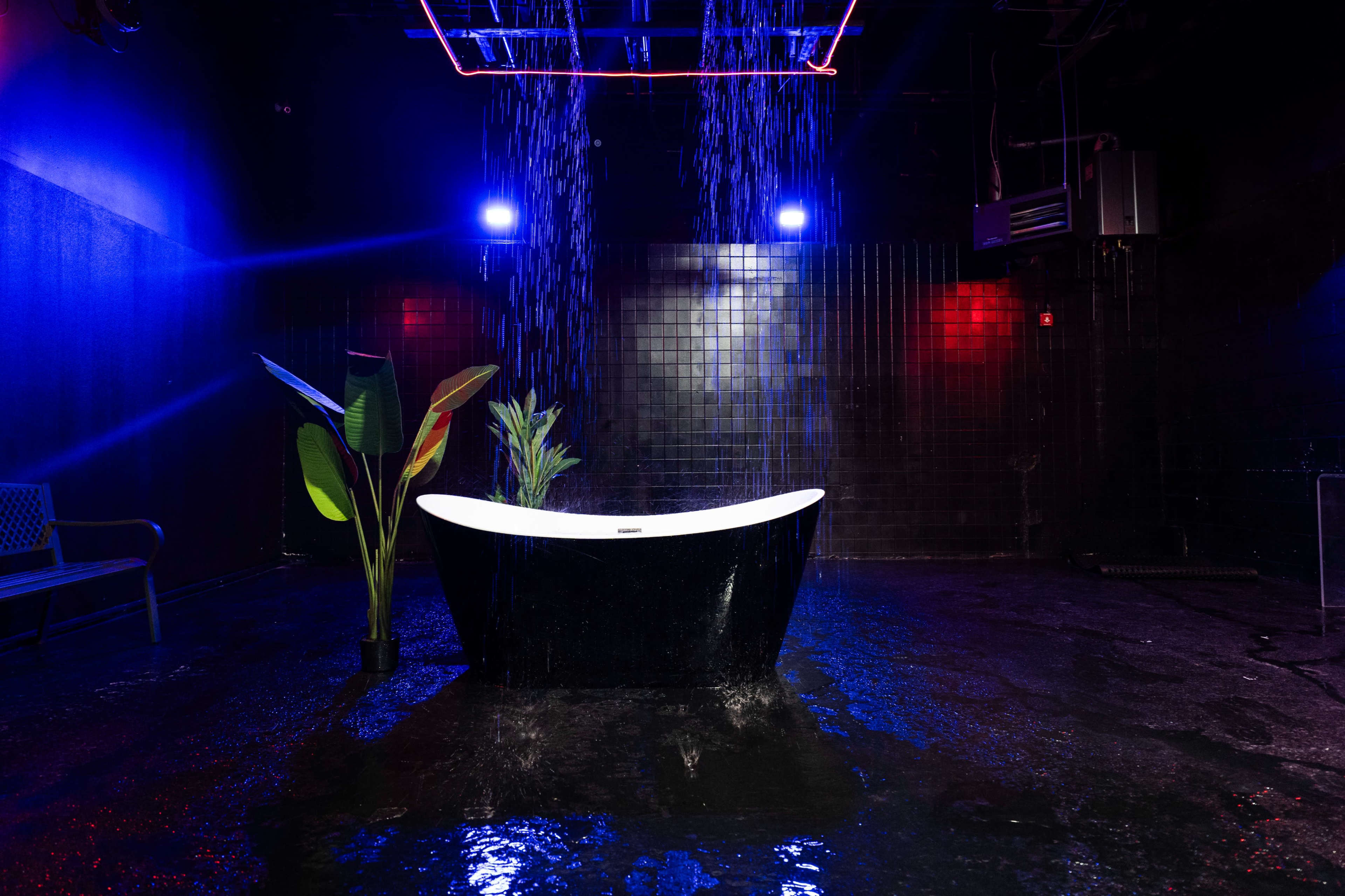 The famous Rain room features several different rain options and pre-installed RGB lights. Image in East Williamsburg, Brooklyn, NY