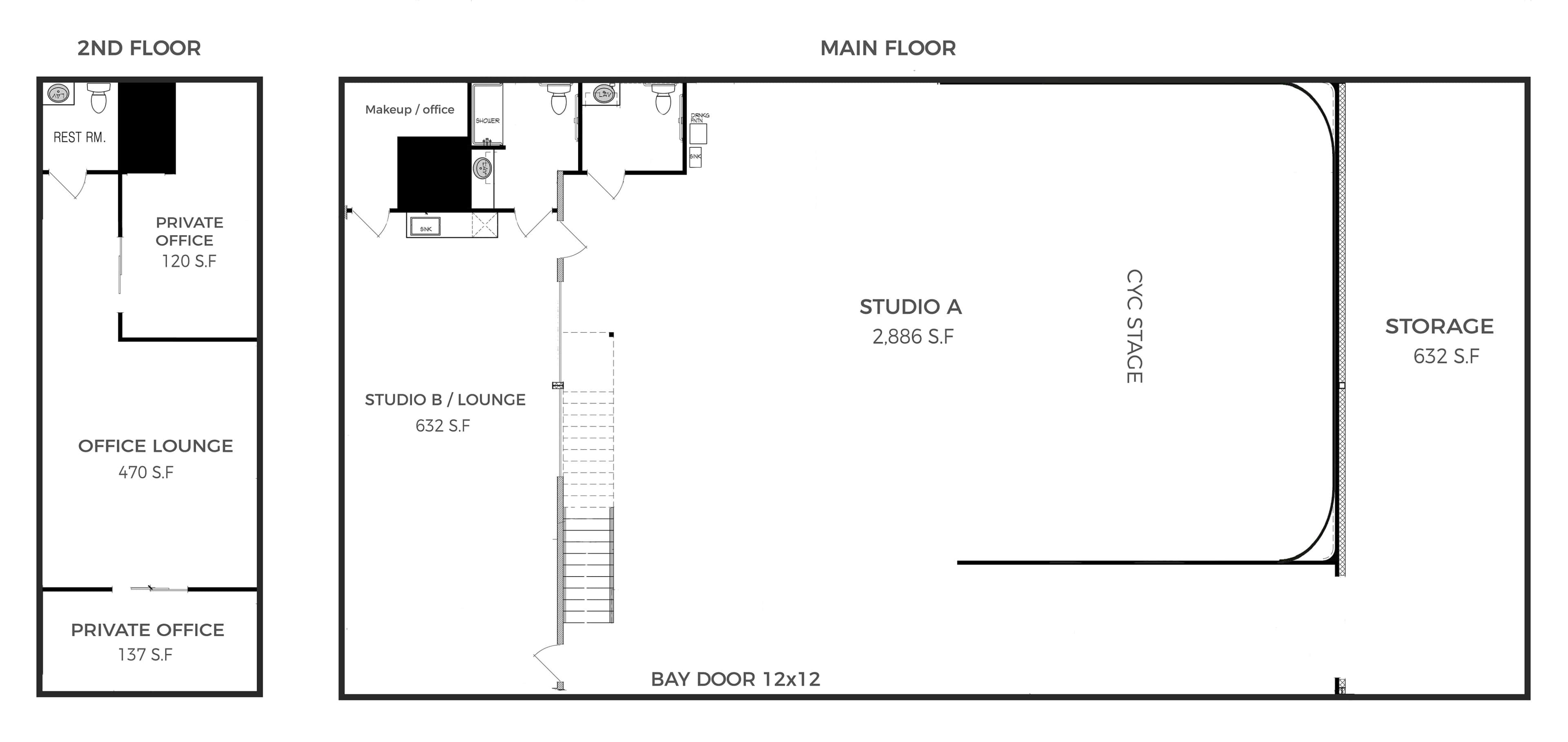 A floor plan layout of a building with labeled rooms, including offices, a storage area, and a studio space.