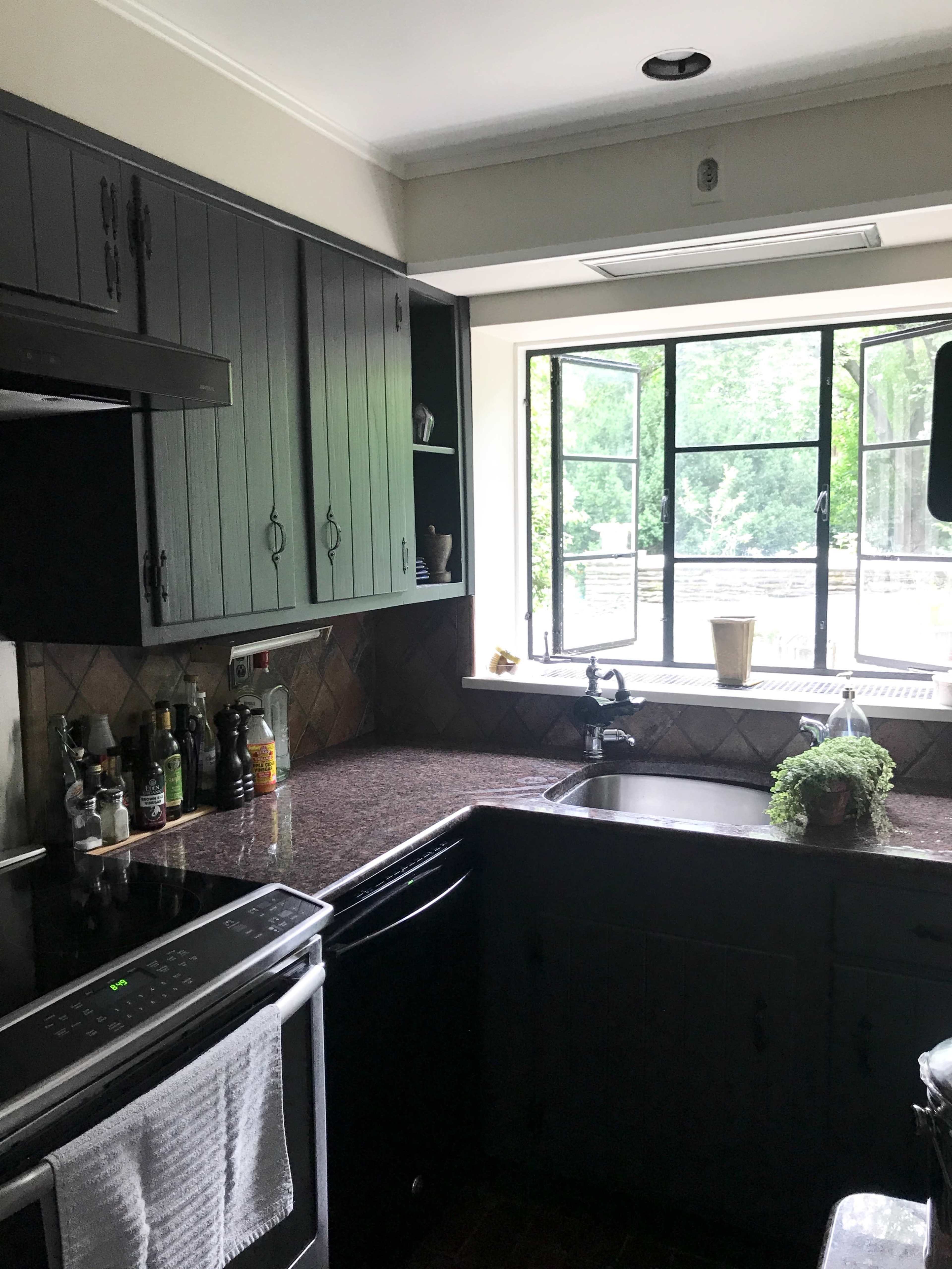 The kitchen features dark cabinets, a granite countertop, and a window with a view of greenery outside.