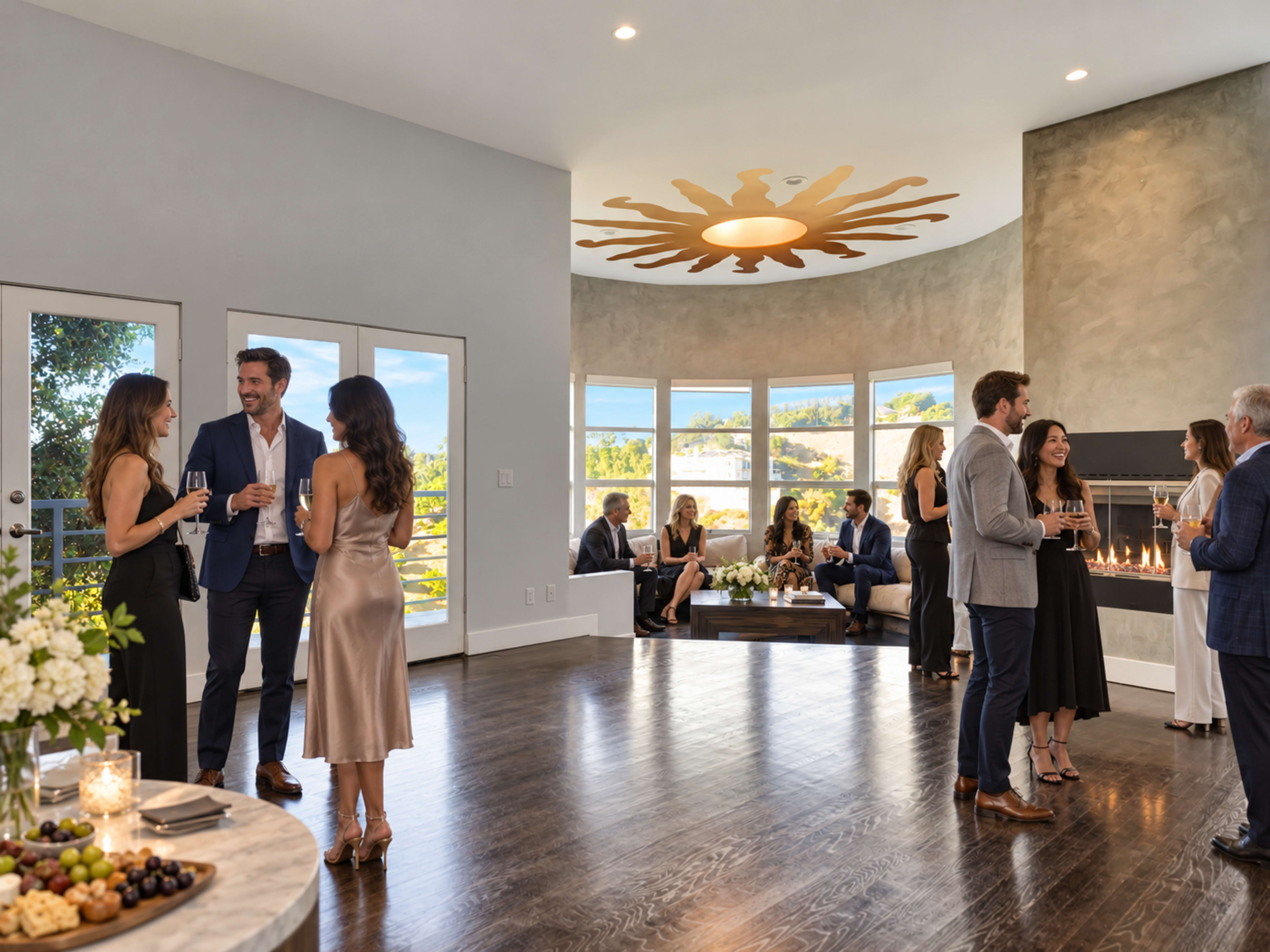 A modern indoor gathering features several groups of people socializing, with a large circular window and a decorative sun motif on the ceiling.