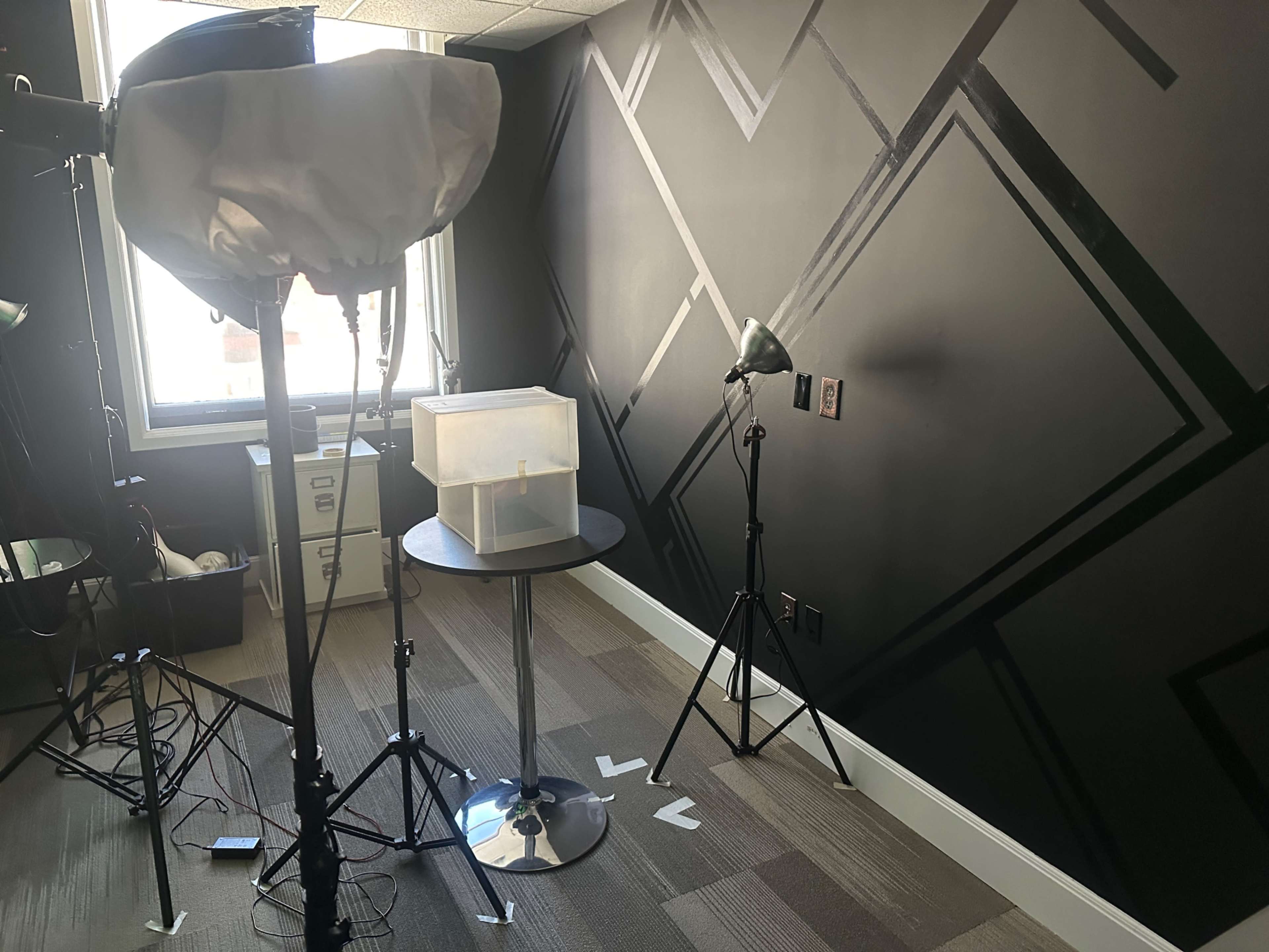 The image shows a photography setup in a room with a dark wall, featuring a table with a clear box on it, and two lighting stands positioned nearby.