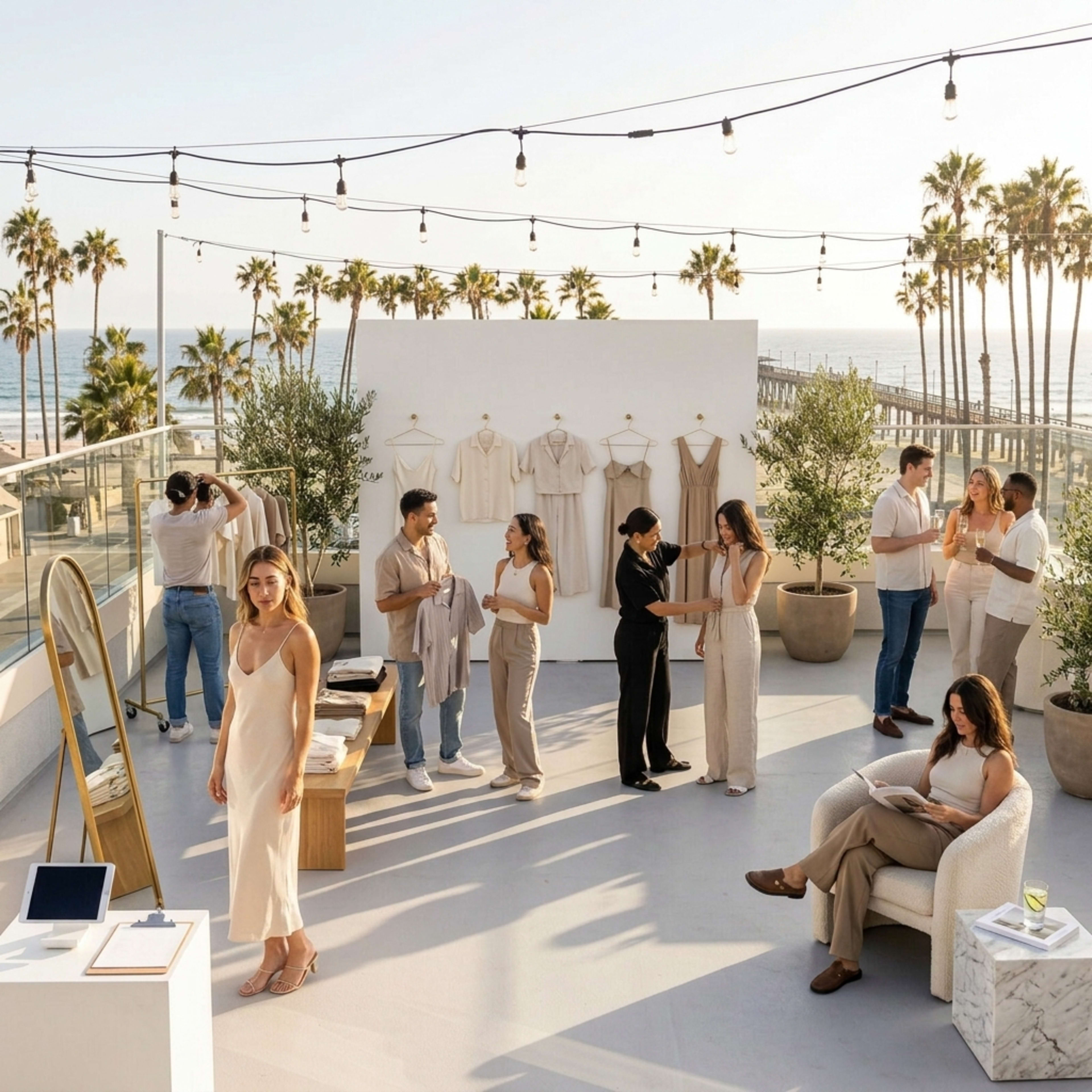 A group of people in light-colored clothing are attending a stylish outdoor event featuring clothing displays and palm trees by the ocean.