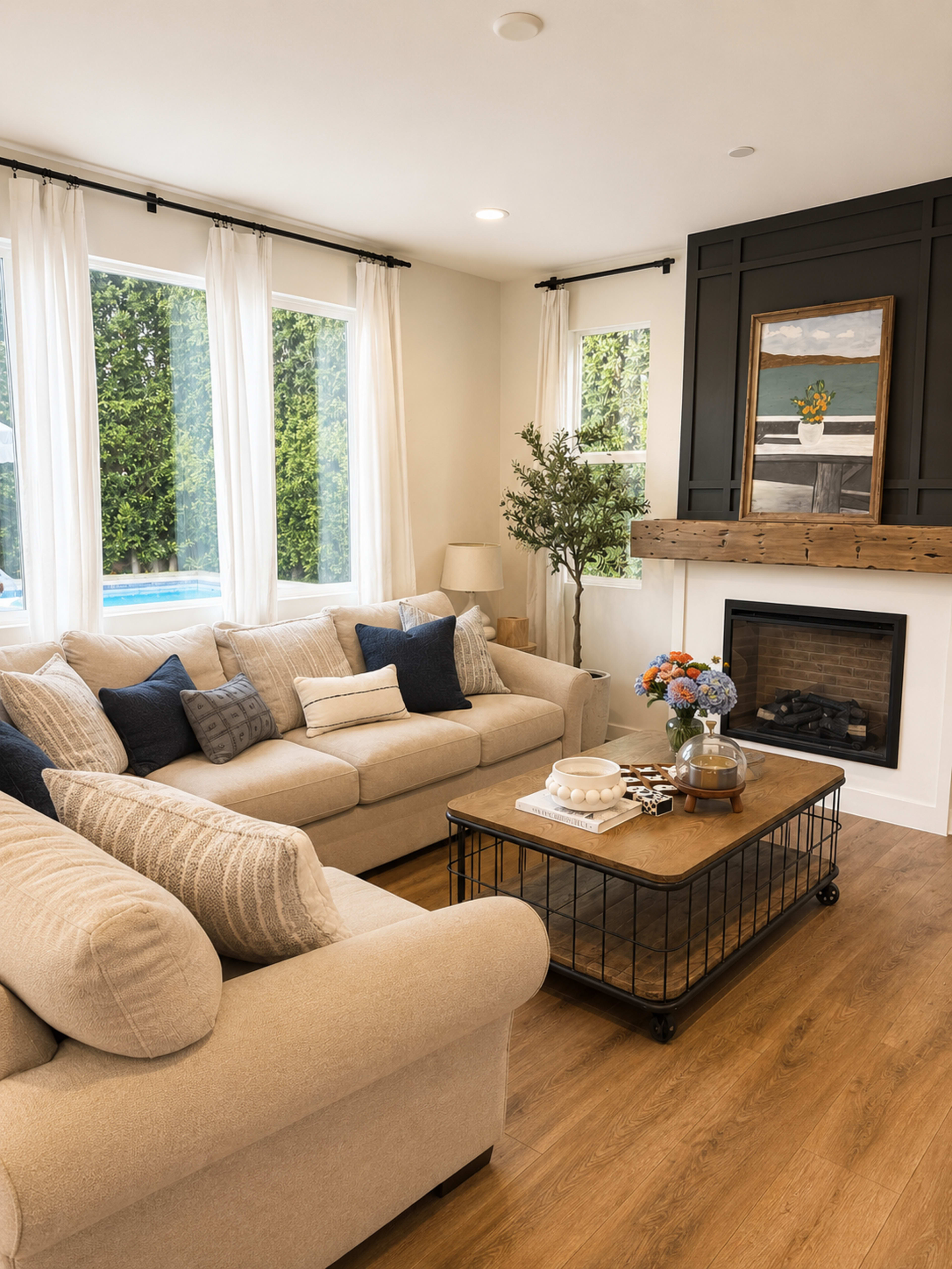 The image depicts a cozy living room featuring a beige sectional sofa, a wooden coffee table, a small plant, and a fireplace with an art piece above it, all bathed in natural light from large windows.