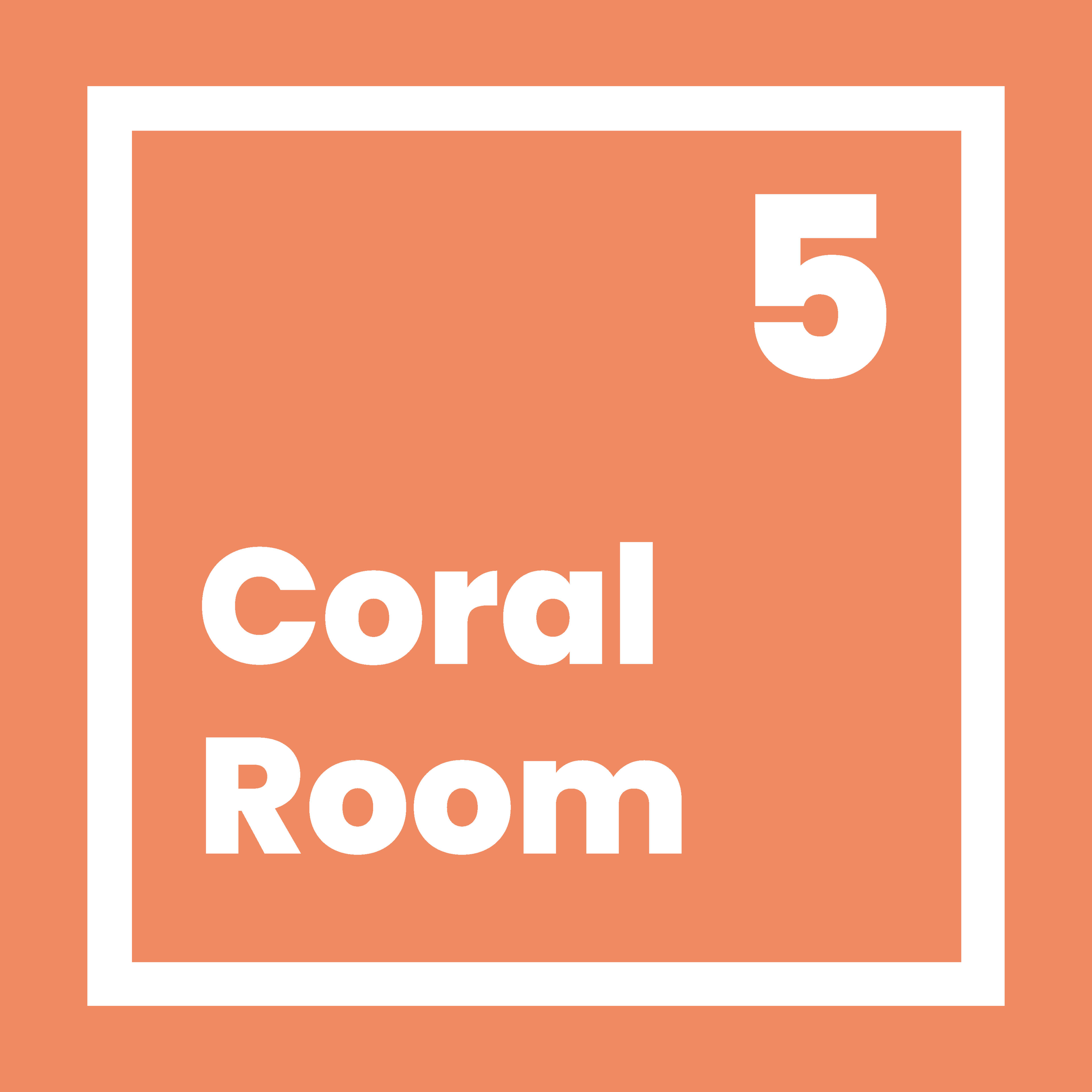 The image displays a square design with a coral background featuring the text "5 Coral Room" in bold, white letters.