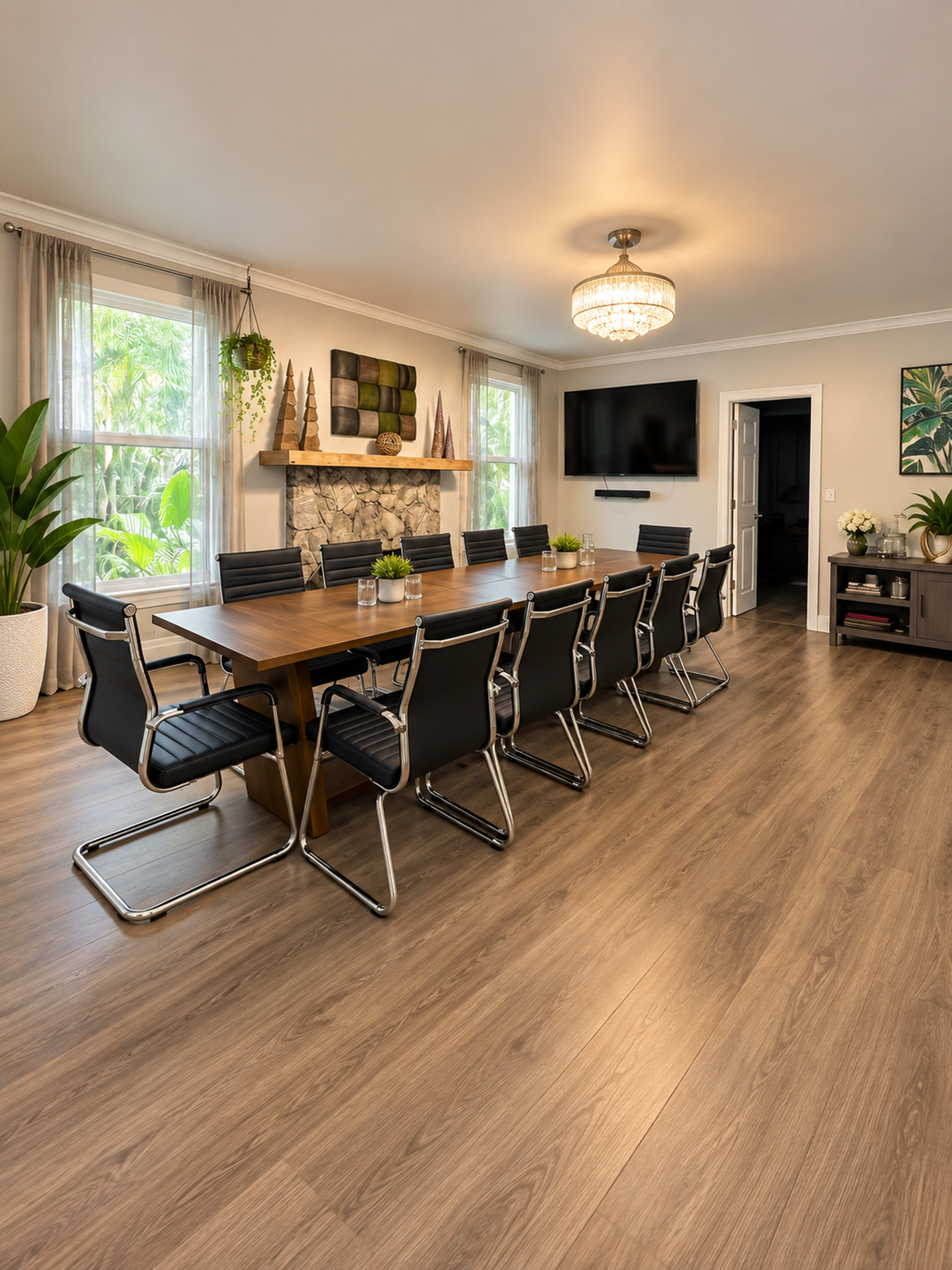 The image features a spacious conference room with a long wooden table surrounded by modern black chairs, large windows, and a stone fireplace.