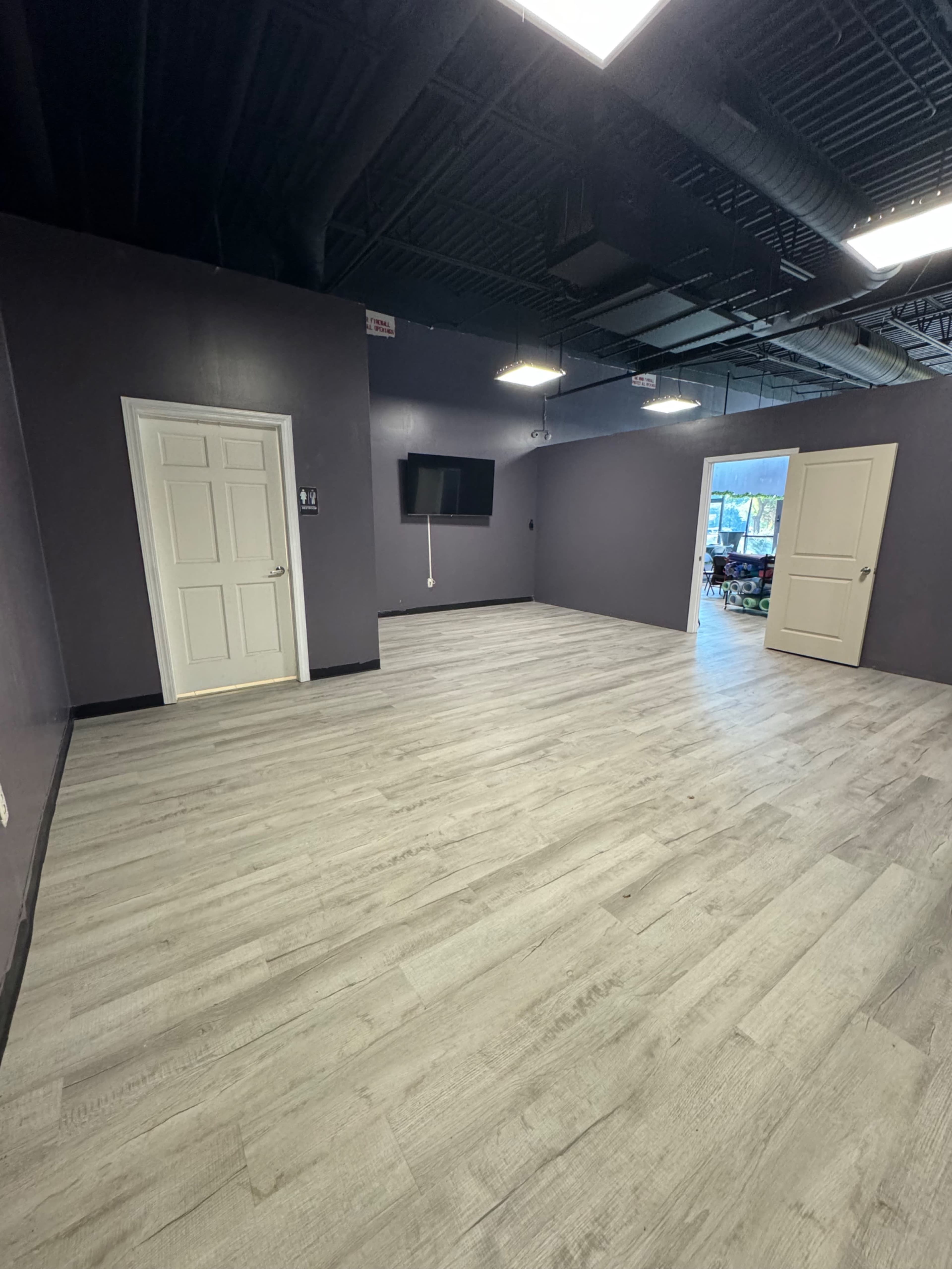 The image shows an empty room with gray walls, wooden flooring, a wall-mounted television, and two doors leading to other areas.