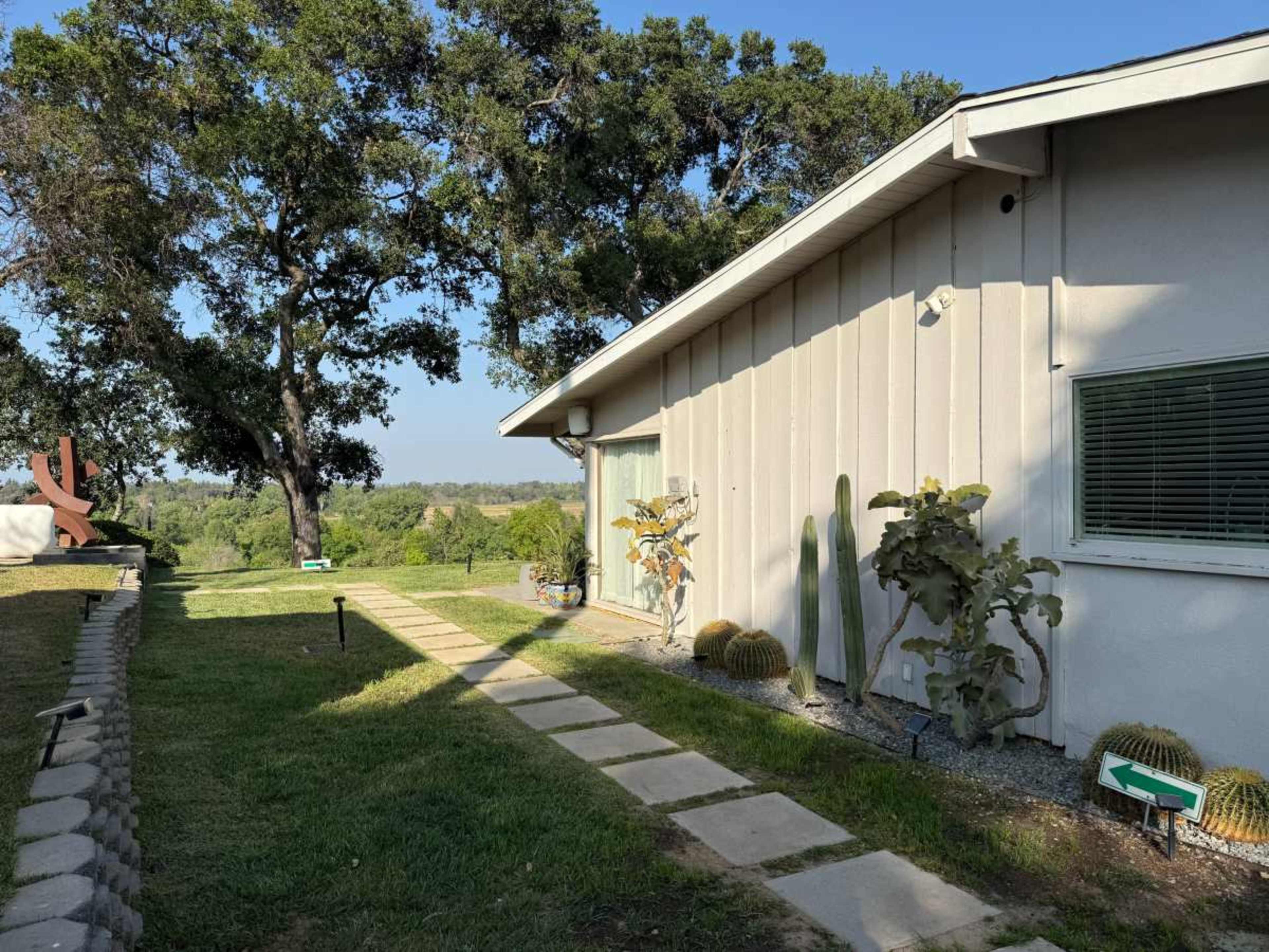 The image shows a pathway lined with stone pavers leading to a modern house with a garden featuring various plants and cacti.