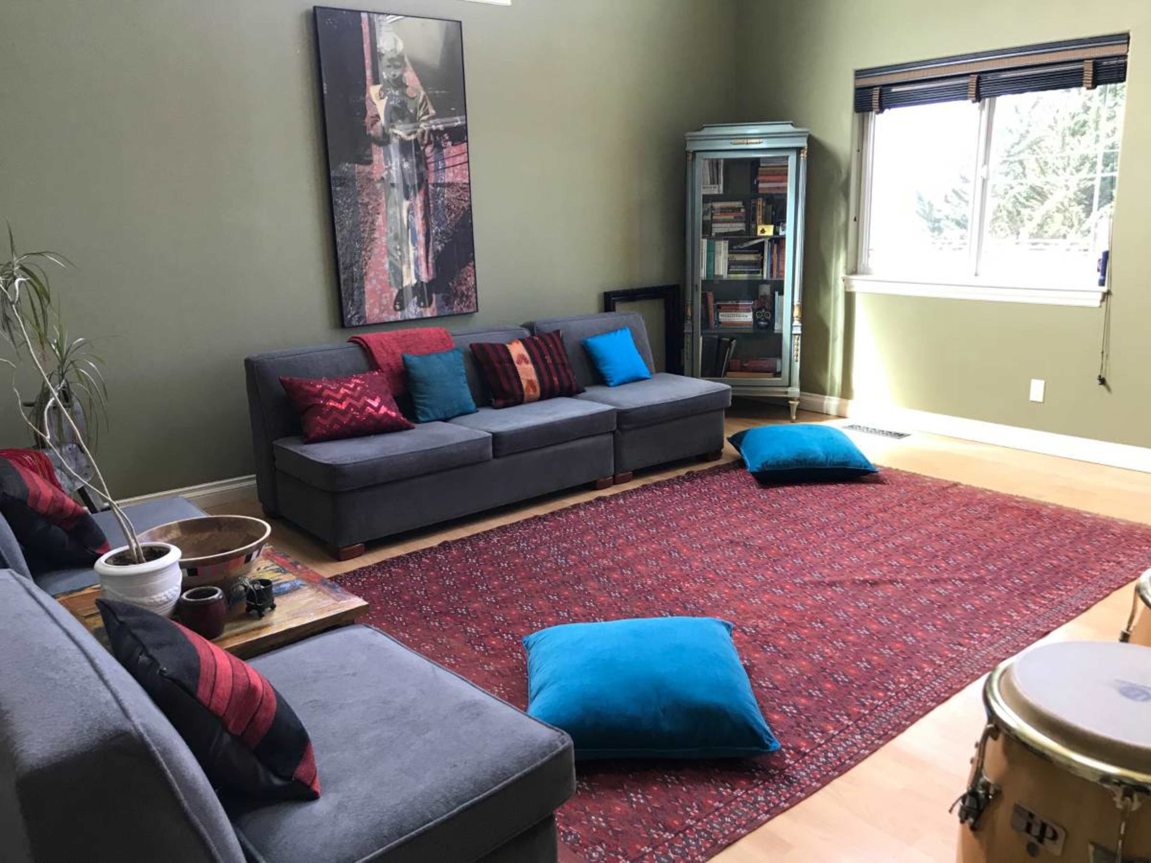 The image shows a living room with a gray sectional sofa, blue floor cushions, a red area rug, and a bookshelf against a green wall.