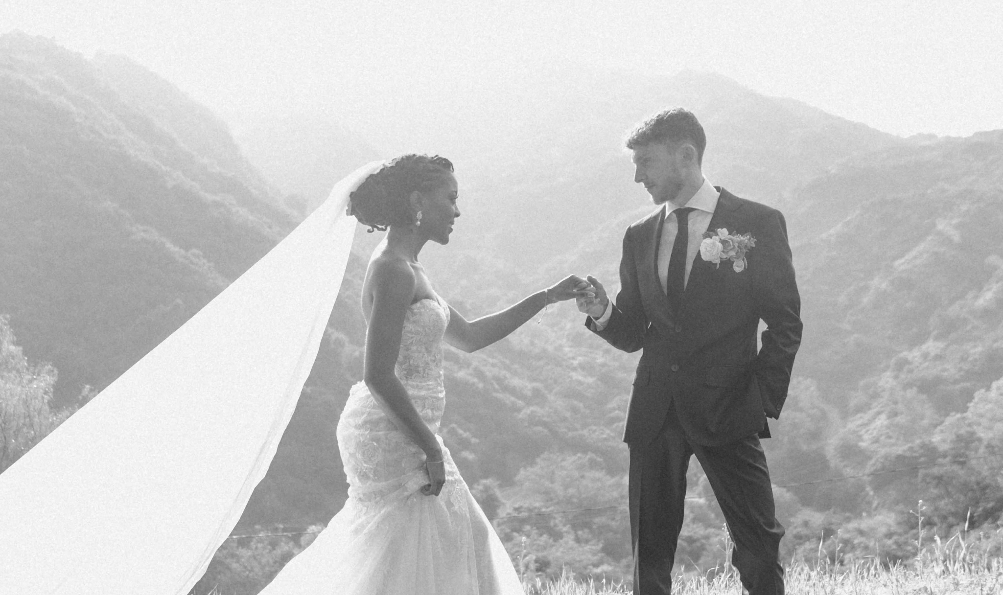A bride and groom stand hand in hand in a mountainous landscape, with the bride’s veil flowing gently in the wind.