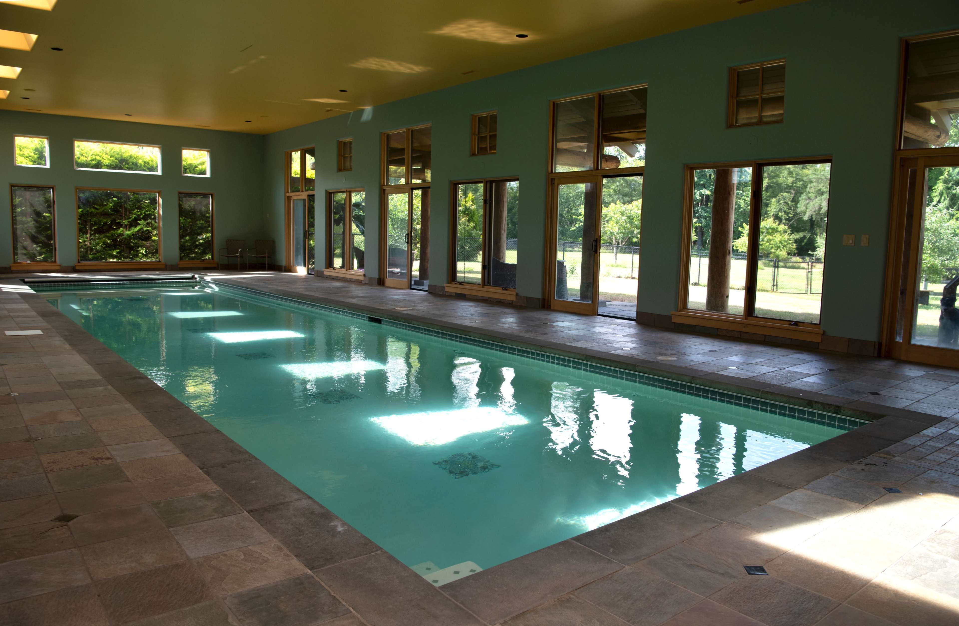 An indoor swimming pool with large windows that overlook a green outdoor area.