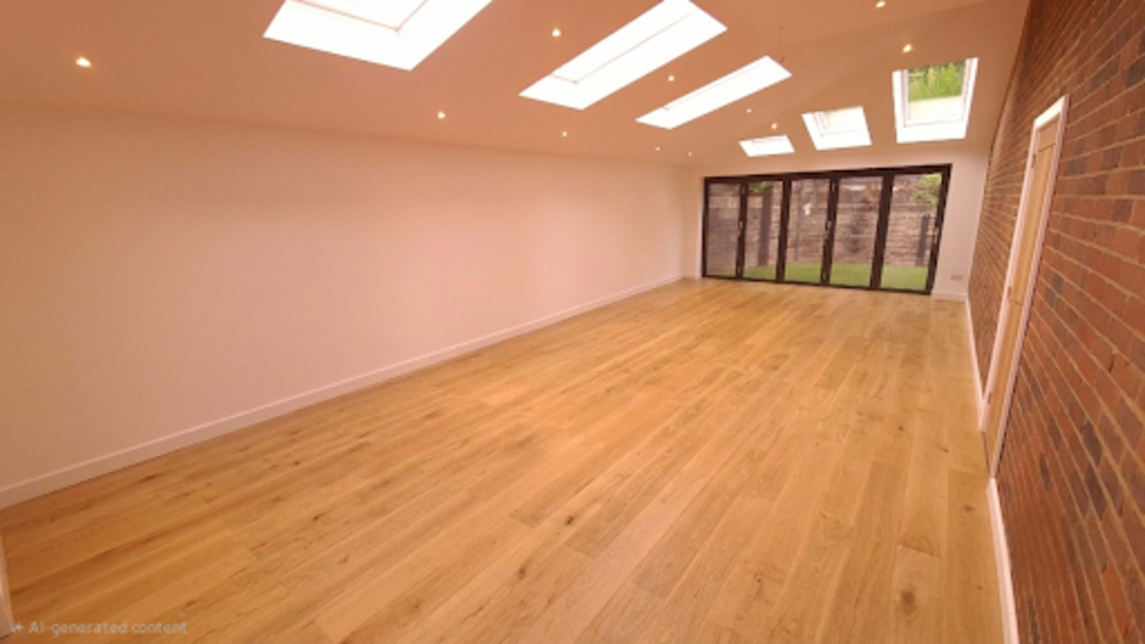 The image shows a spacious, well-lit room with wooden flooring and large skylights, leading to glass doors that open to a garden.