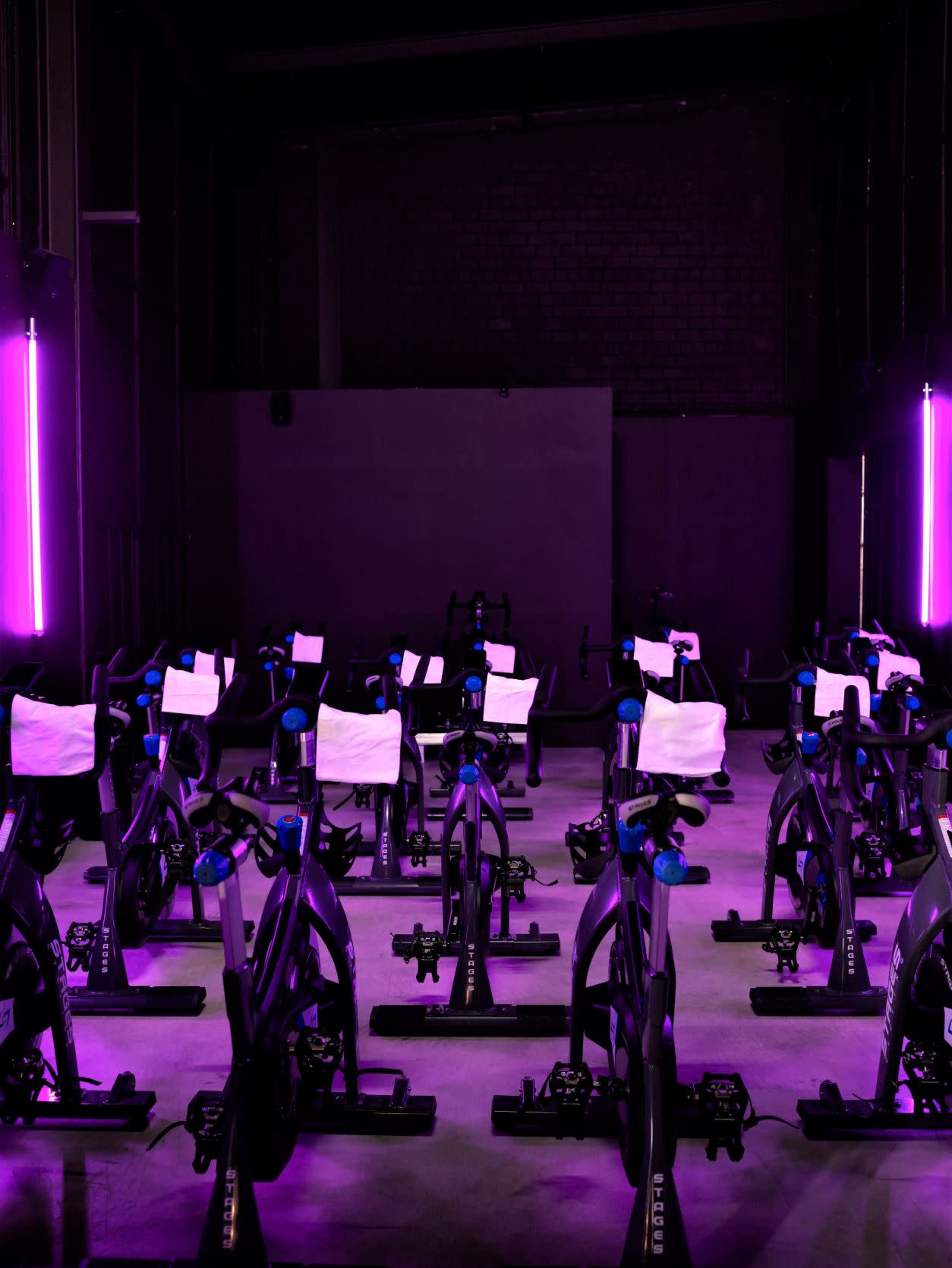 A dimly lit indoor cycling studio with rows of stationary bikes arranged neatly.