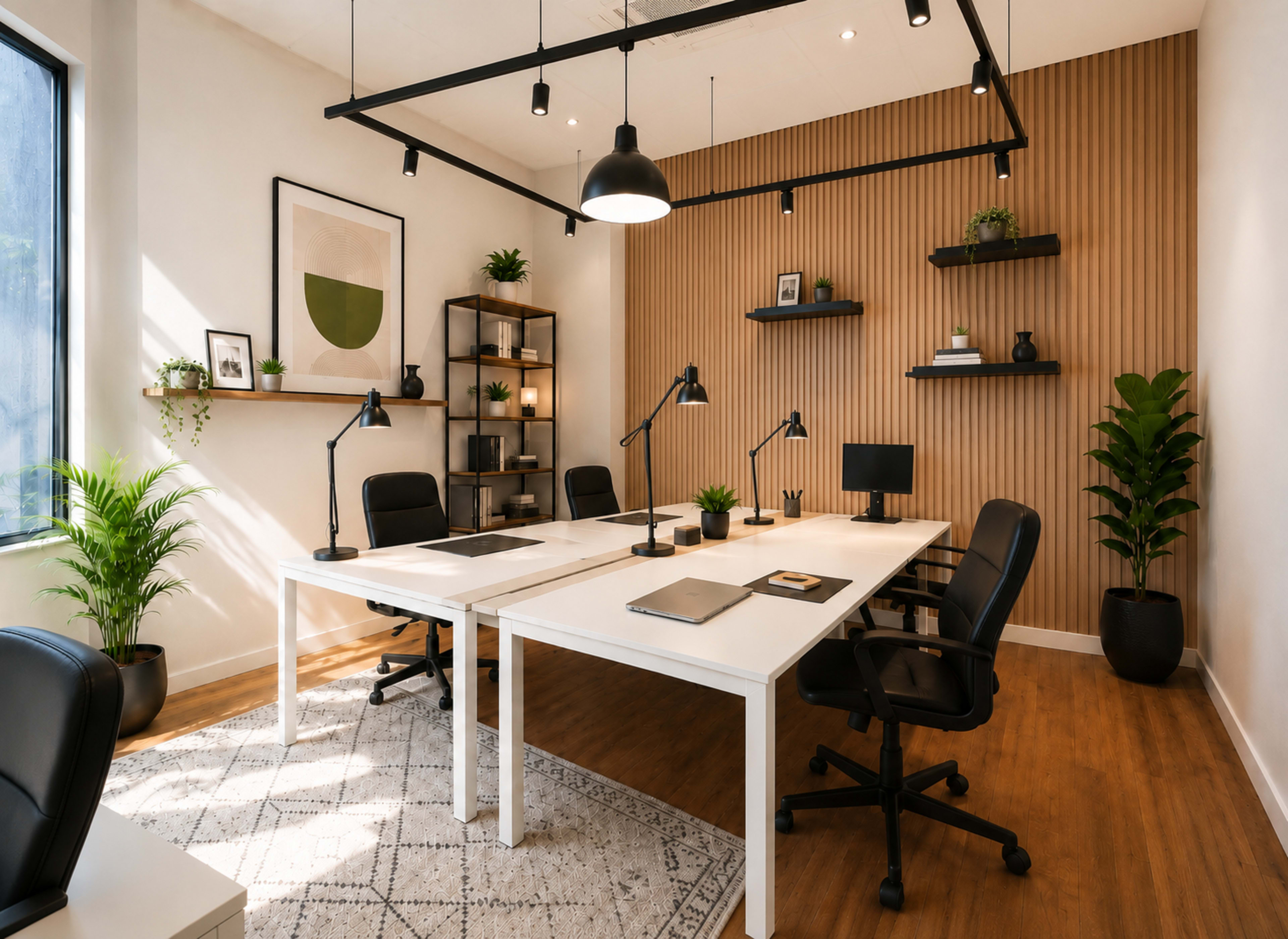 The image shows a modern office space with white desks, black chairs, and a wooden accent wall, featuring shelving and plants for decoration.
