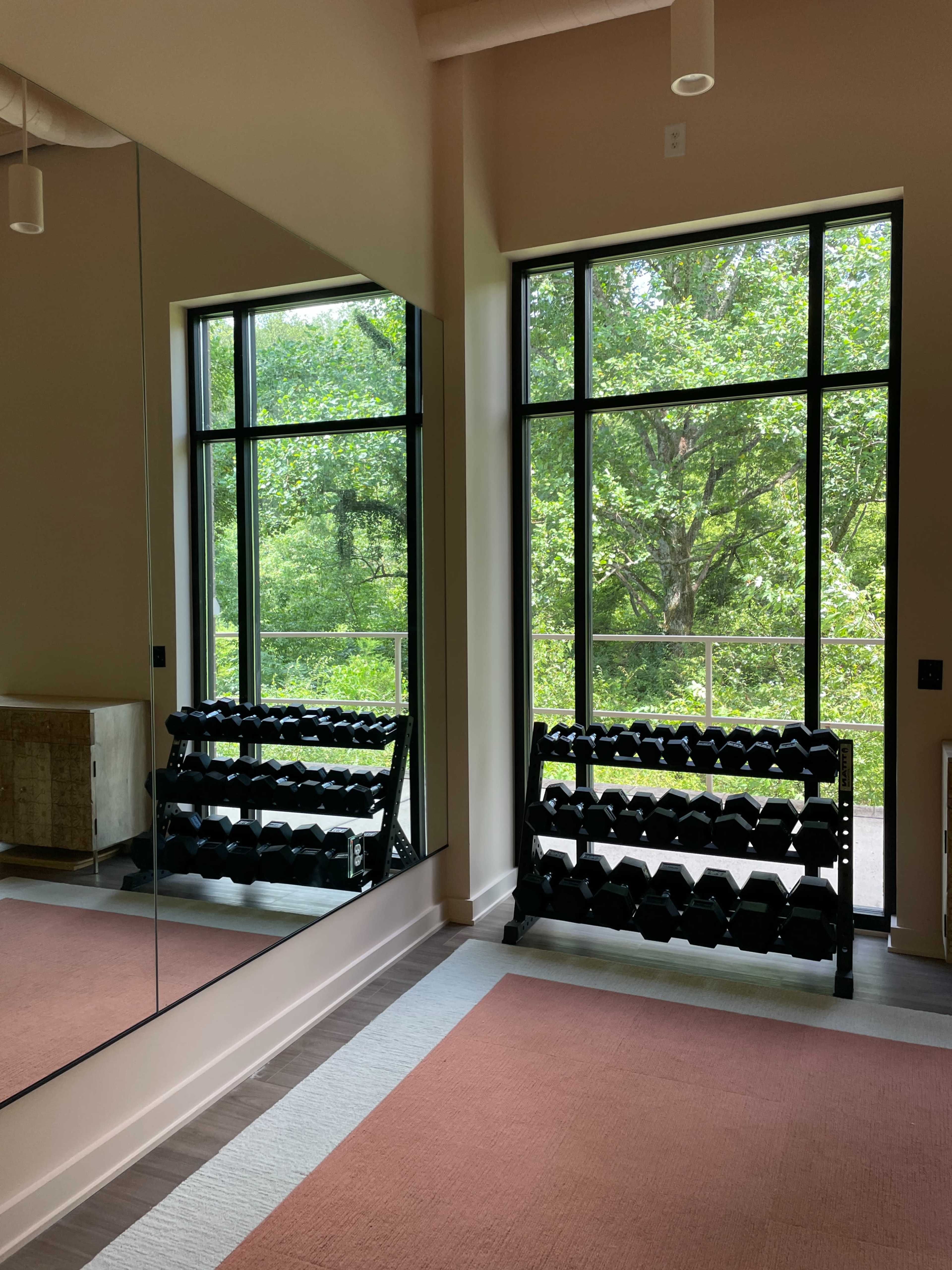 A gym area features a rack of dumbbells in front of large windows reflecting views of greenery outside.