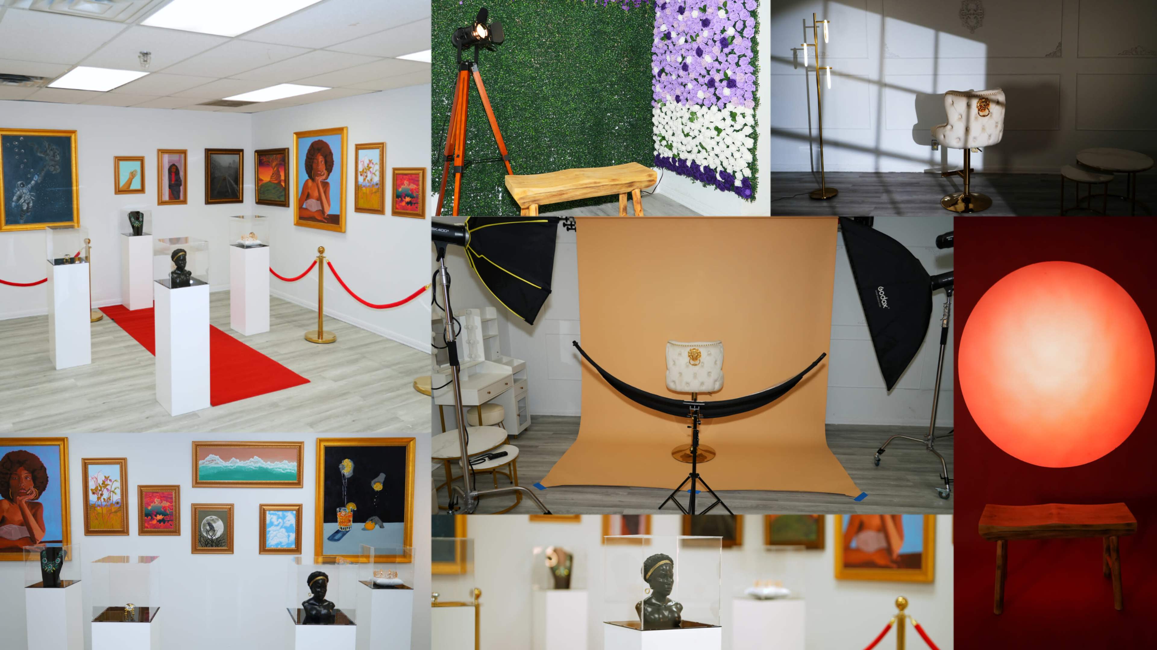 An art exhibit featuring various sculptures and paintings displayed on white pedestals against a backdrop of decorative walls and lighting equipment.