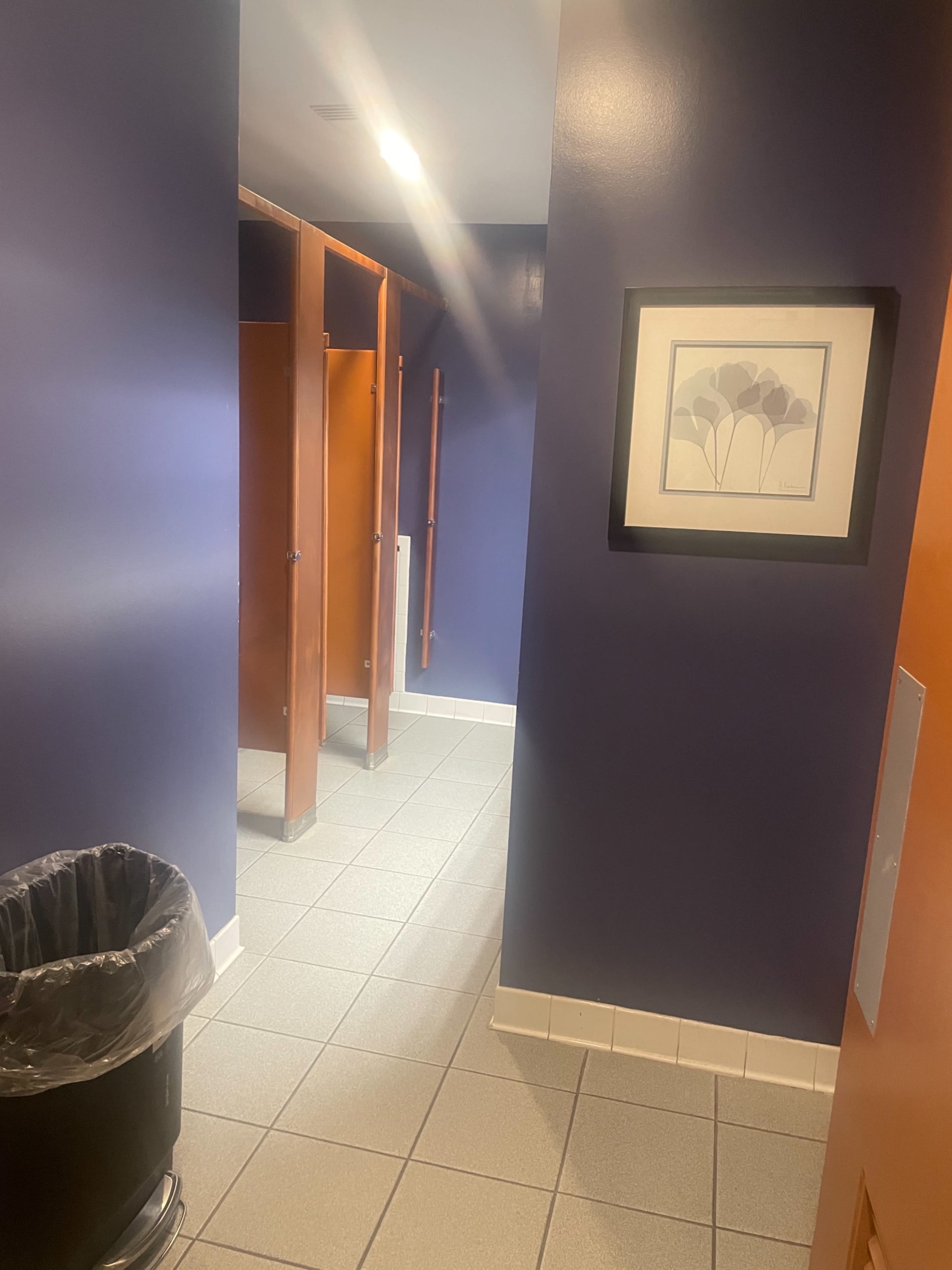 A hallway in a restroom featuring blue walls, four wooden stall doors, a framed picture, and a trash can on the floor.
