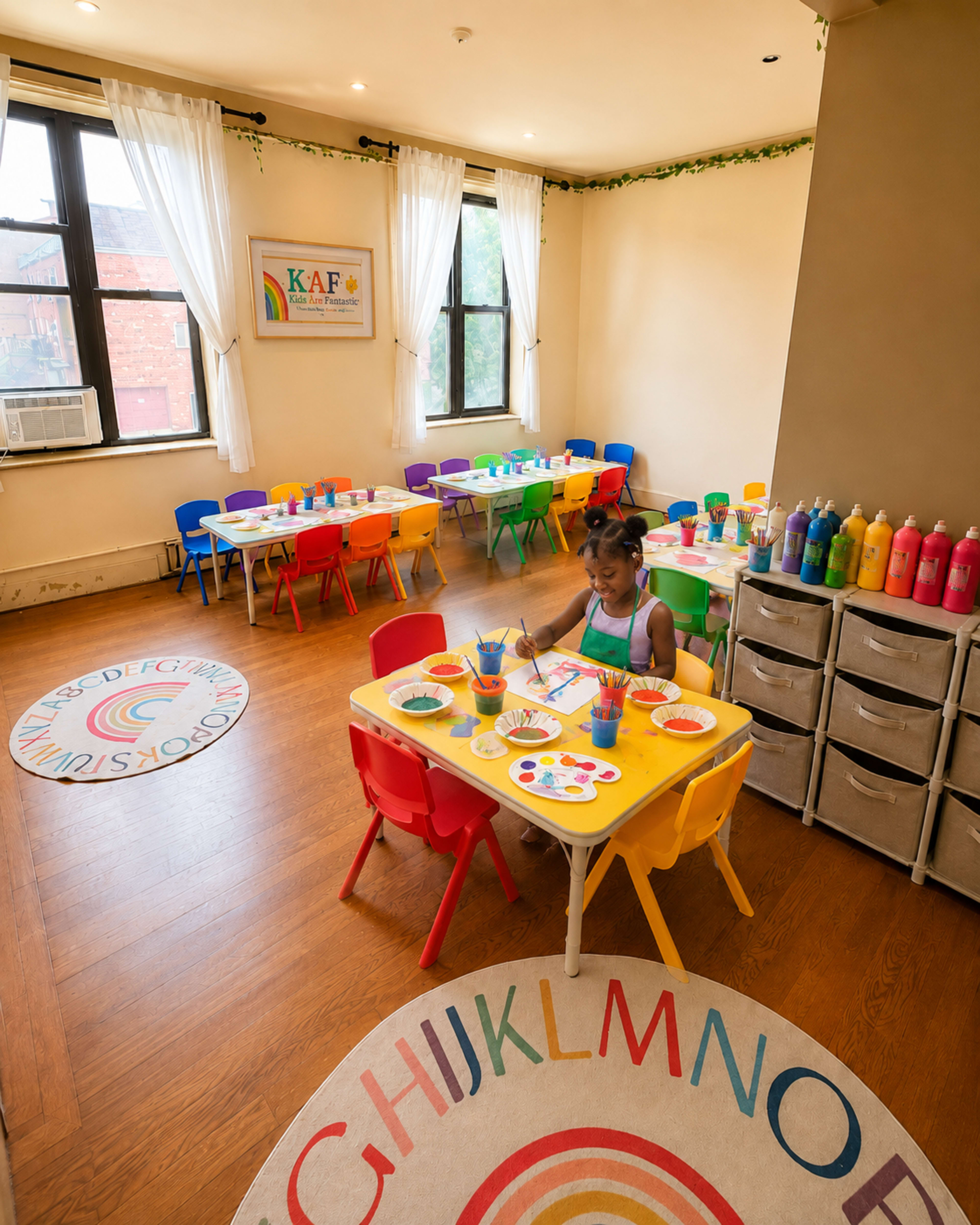 A child sits at a bright yellow table in a colorful art classroom, surrounded by painting supplies and various artworks.