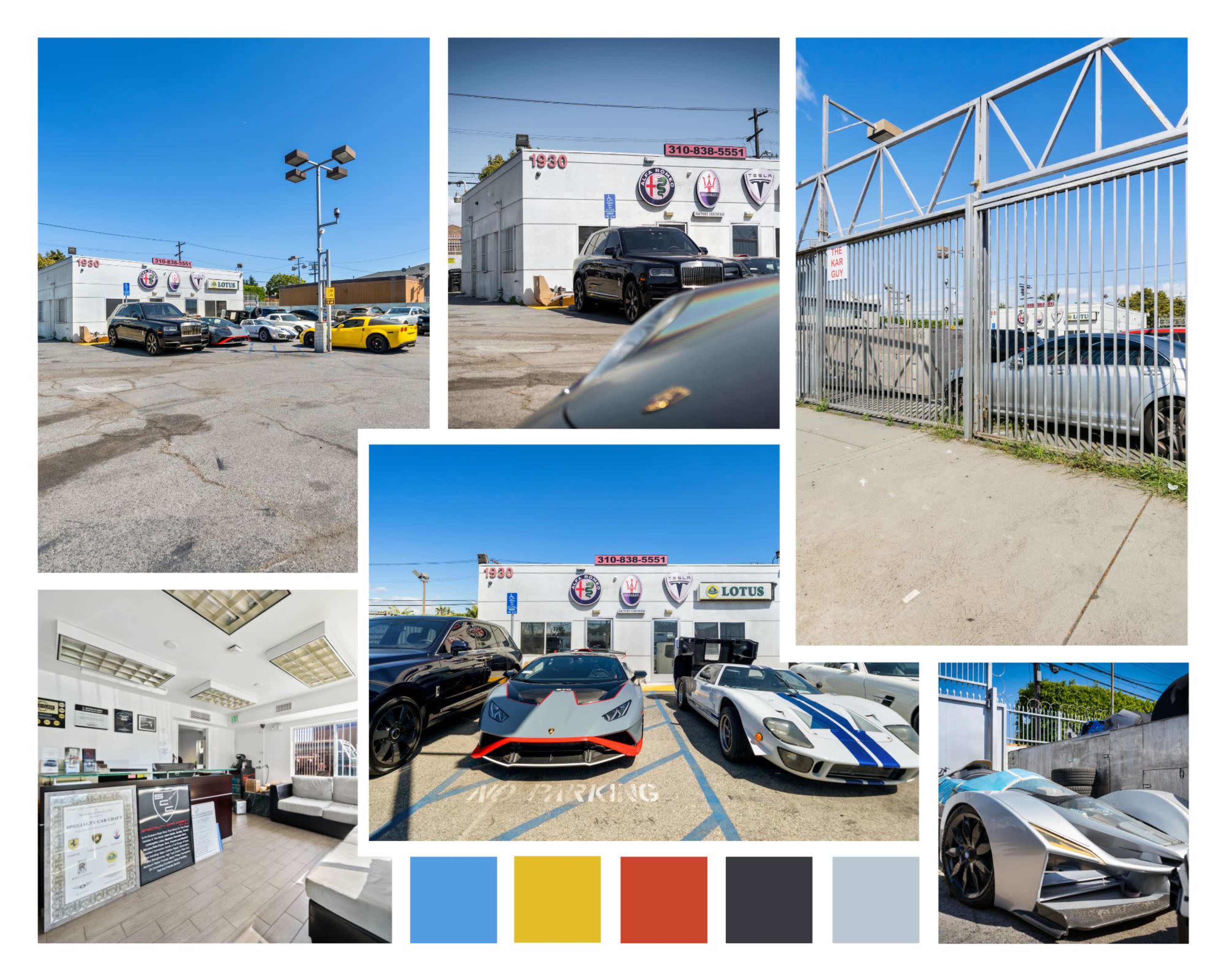 The image features a collage of several scenes, including a car dealership or parking lot with luxury cars, a reception area, and a gated entrance.