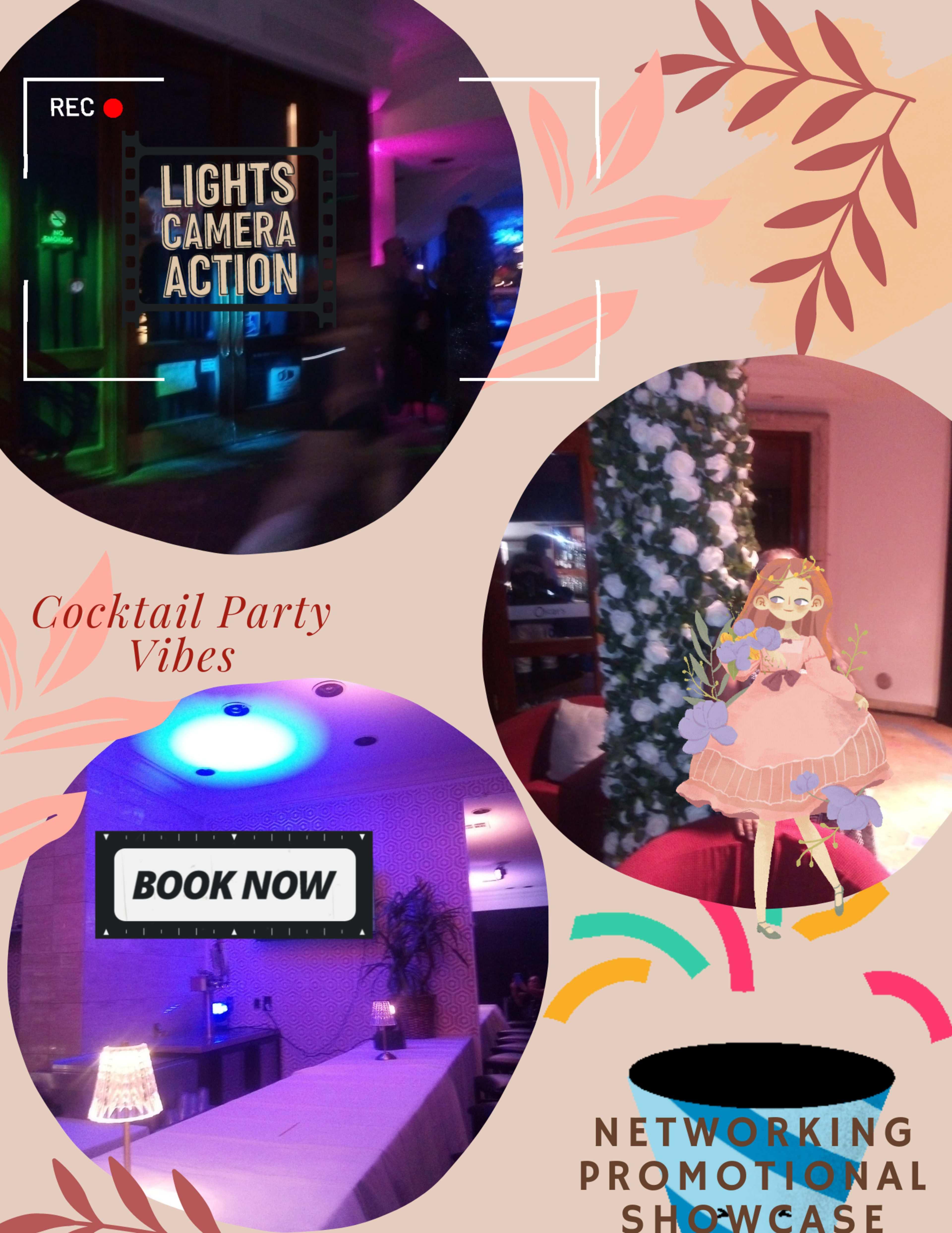 A lively cocktail party scene with vibrant lighting, decorative floral arrangements, and promotional text encouraging booking for a networking showcase.