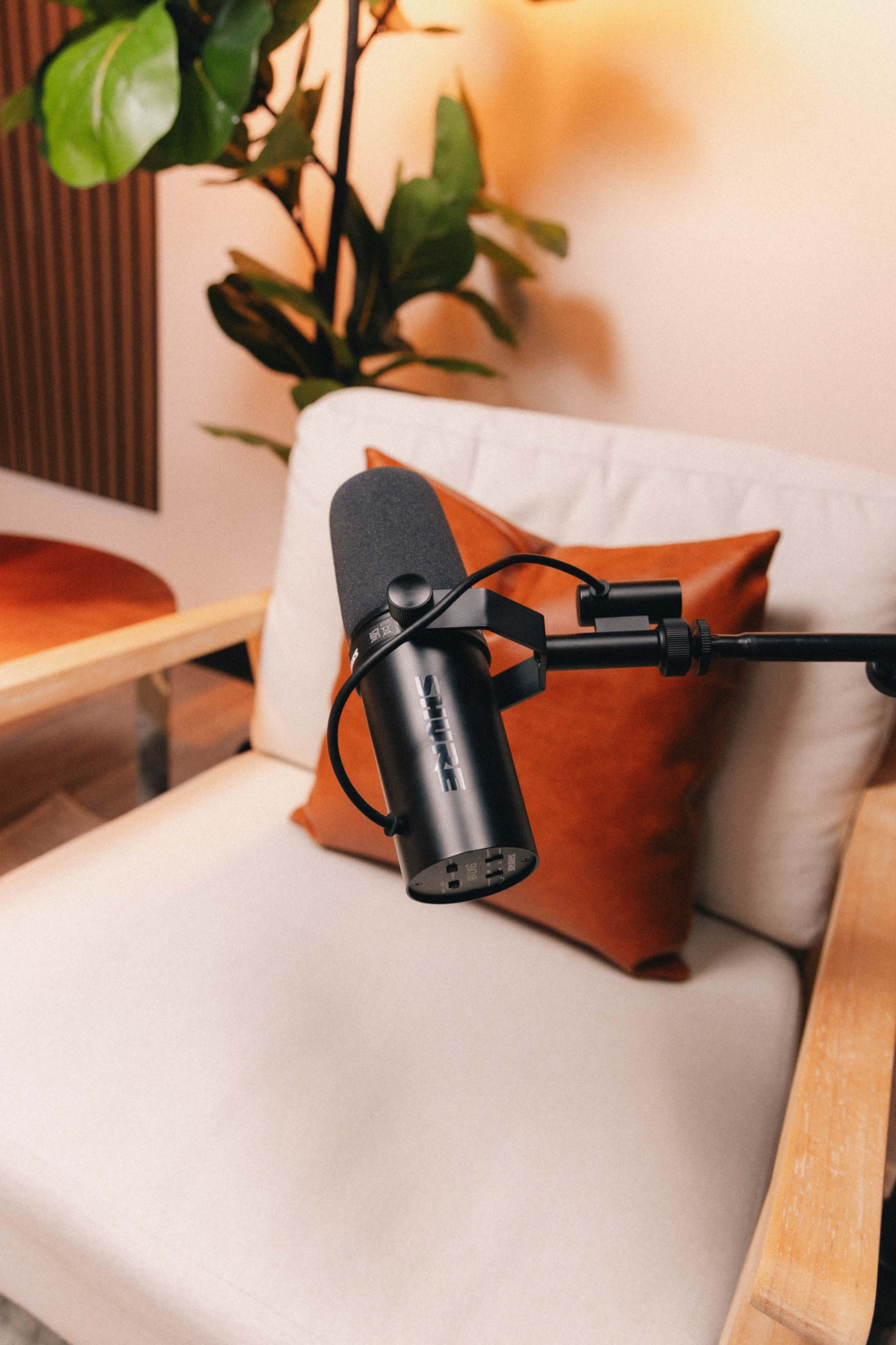 A black microphone is attached to a microphone stand and positioned near a cream-colored armchair with an orange cushion and a green plant in the background.