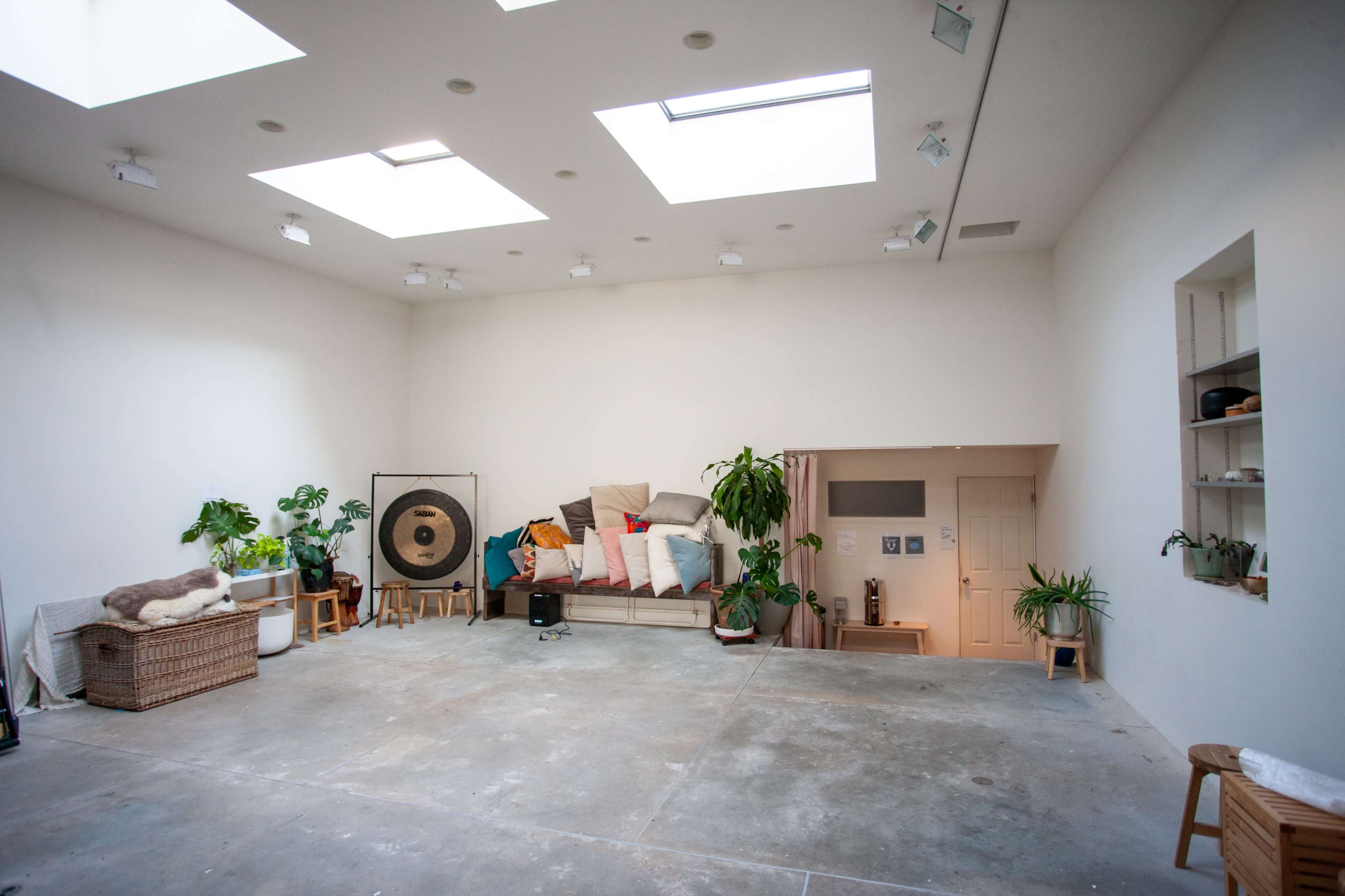 The image shows a spacious, minimally furnished room with natural light coming through skylights and various plants arranged around a sectional seating area.