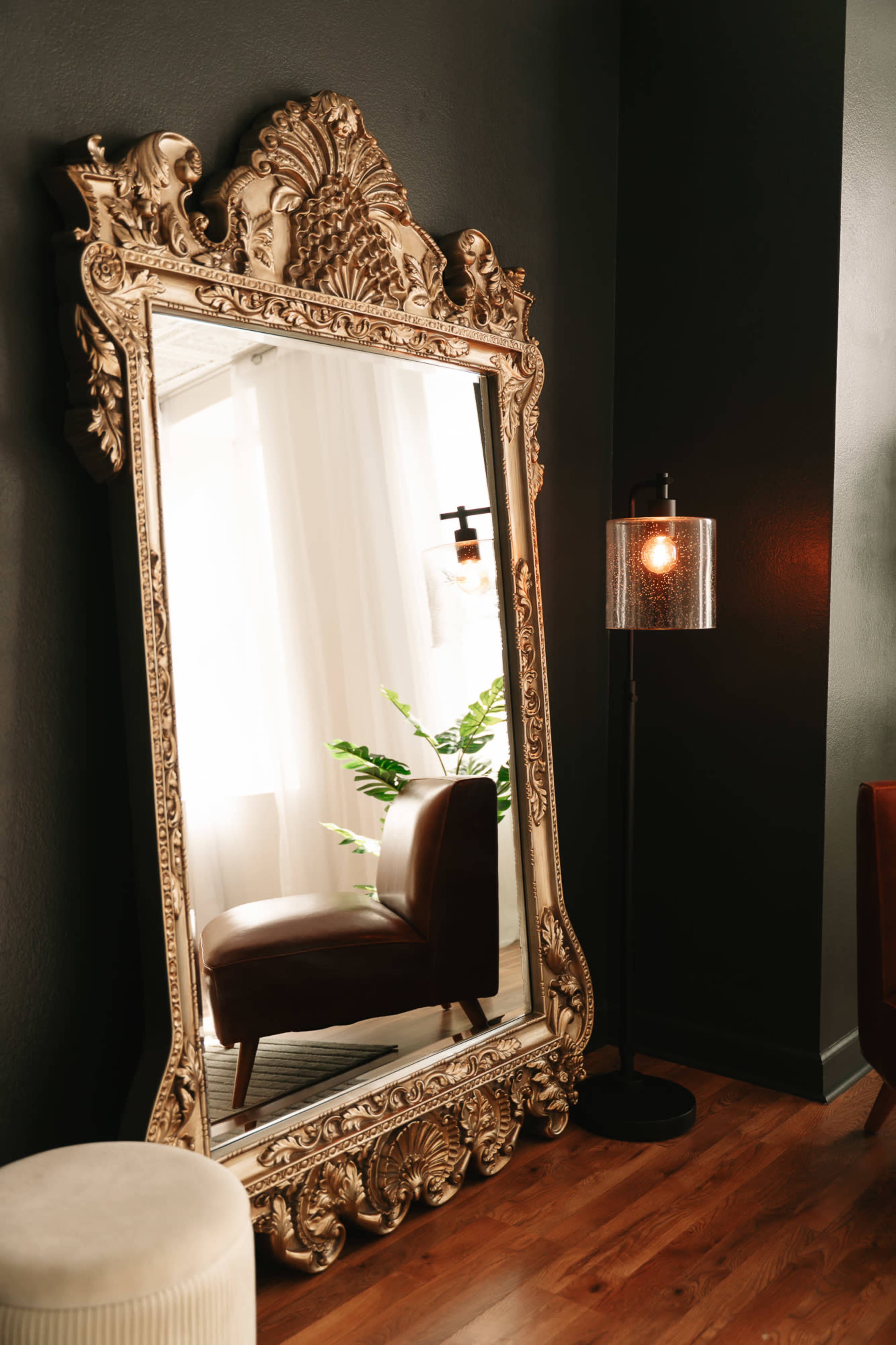 A large ornate mirror stands beside a sleek floor lamp in a room featuring hardwood floors and a potted plant in the background.