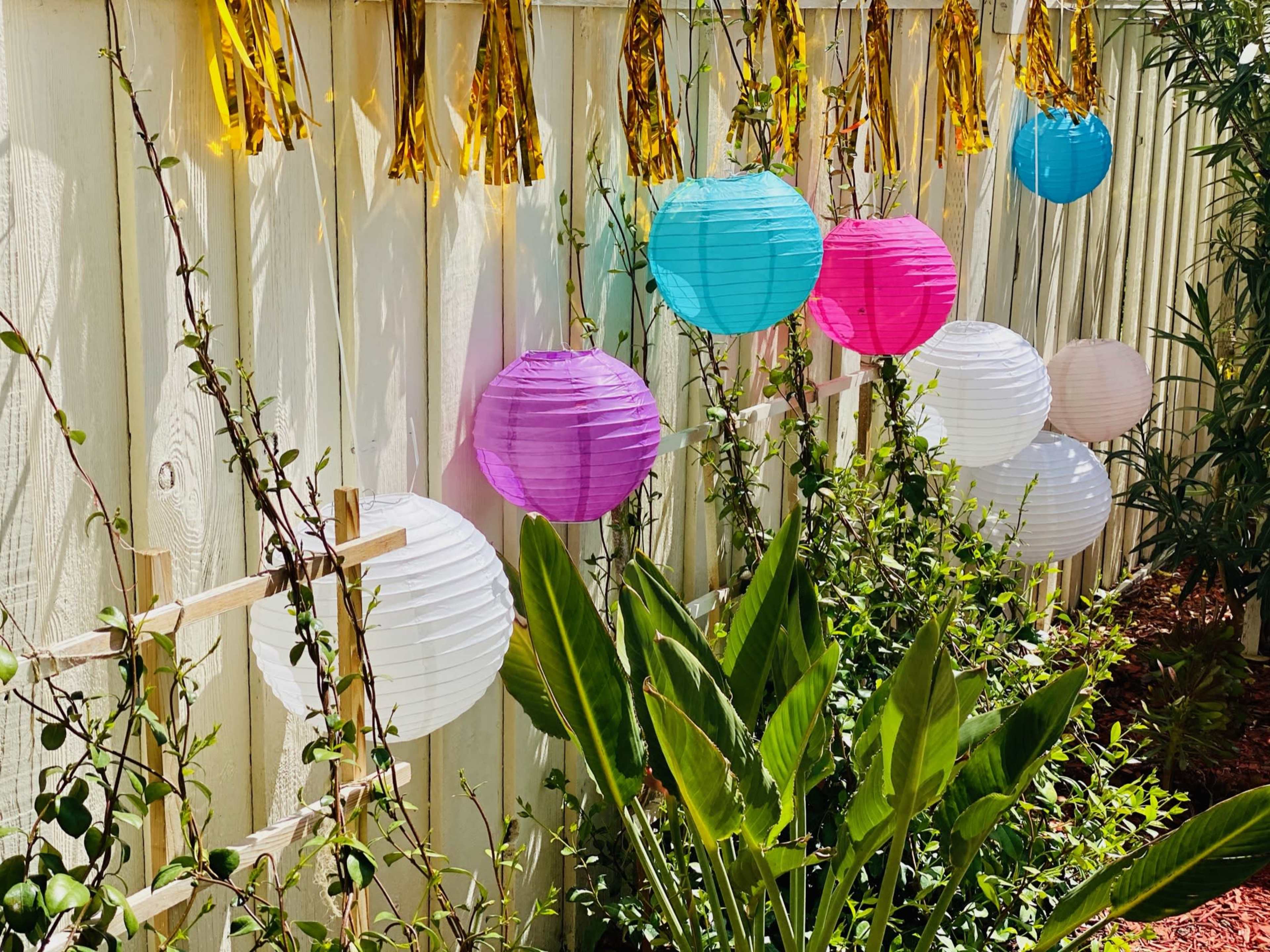 Colorful paper lanterns are hung against a wooden fence with greenery and plants in the foreground.