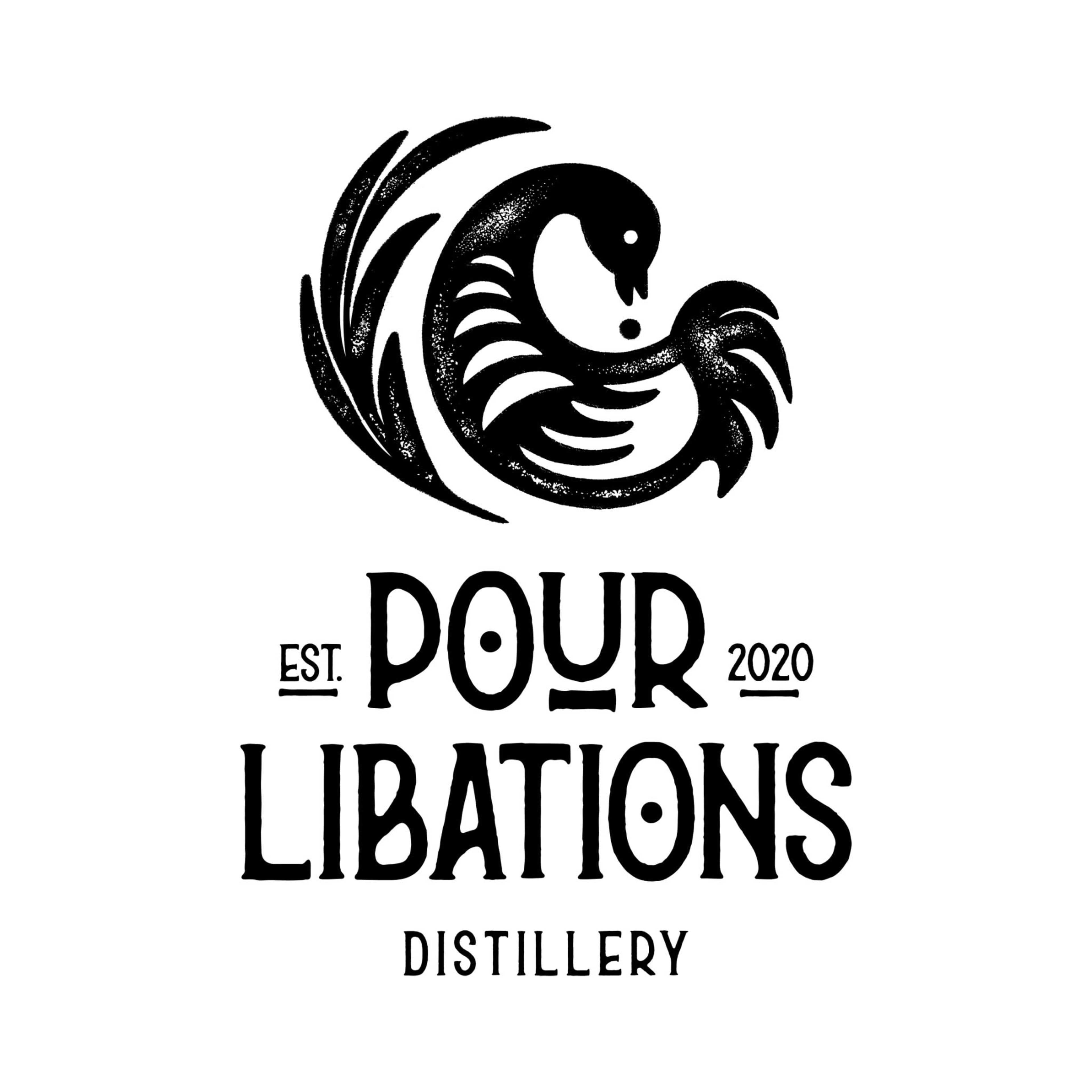 The image features a logo for "Pour Libations Distillery," established in 2020, showcasing a stylized design of a wave and a bird in black and white.