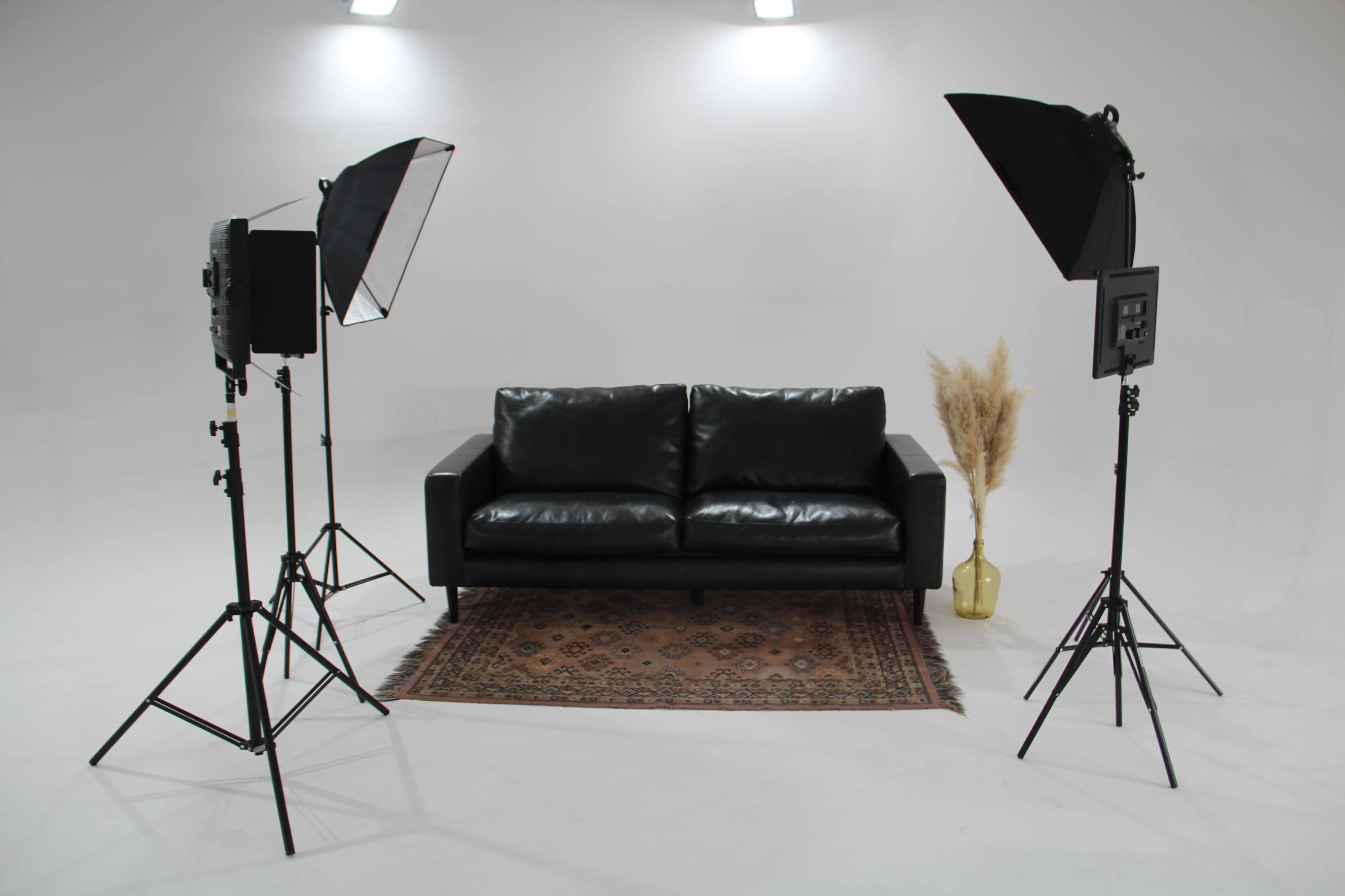 A black leather sofa is positioned on a patterned rug in a well-lit studio environment, flanked by two softbox lights and a decorative vase with dried plants.