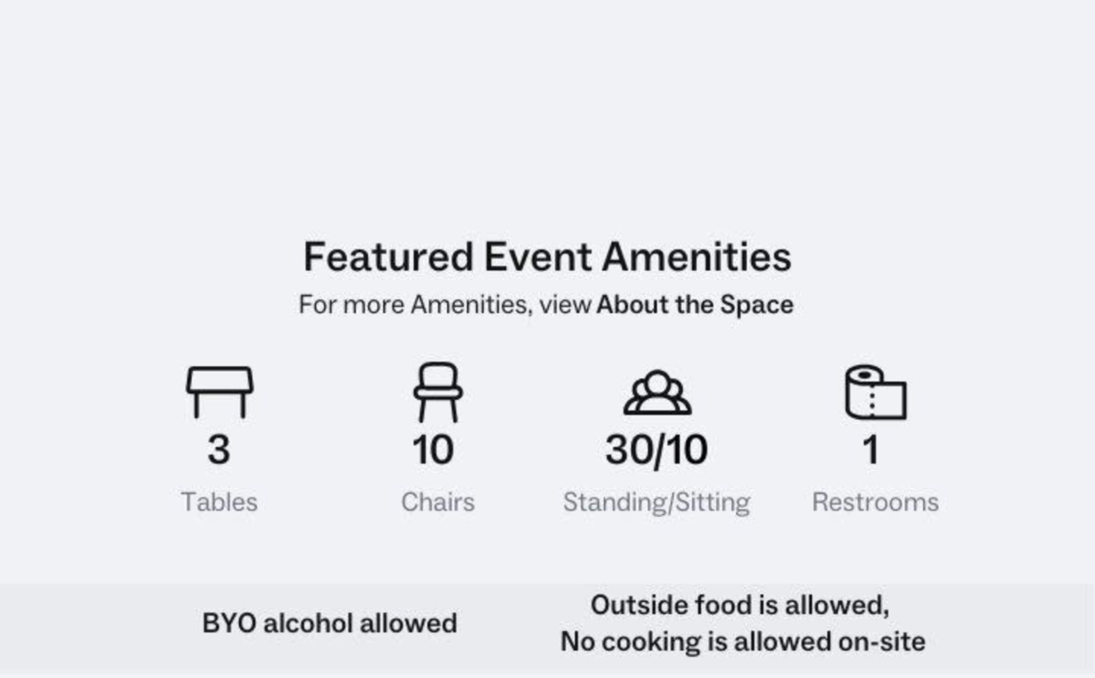Features of an event space, listing three tables, ten chairs, capacity for 30 guests, and one restroom, along with policies on food and alcohol.
