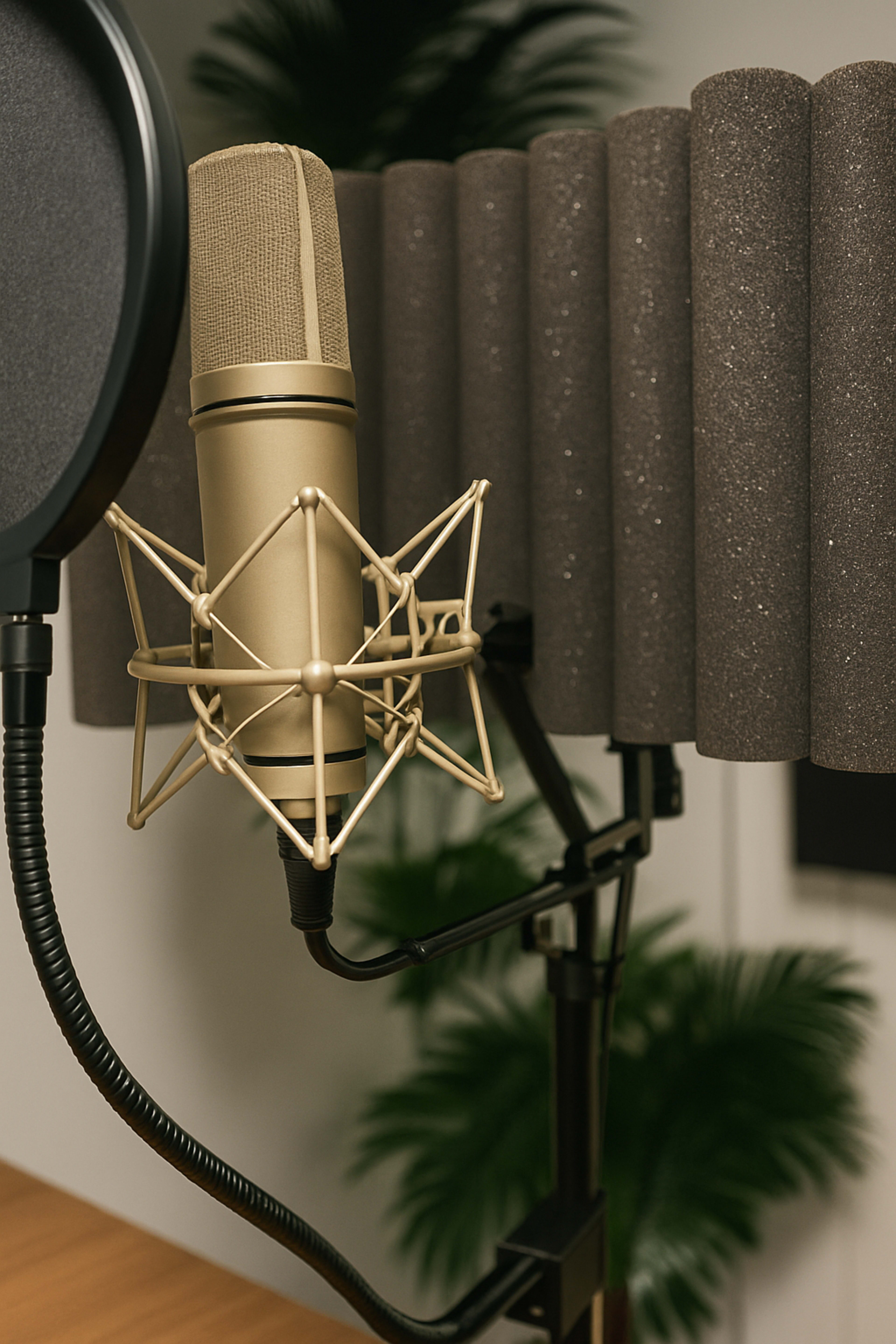 A gold microphone is mounted on a stand with a pop filter and surrounded by sound-absorbing foam panels.