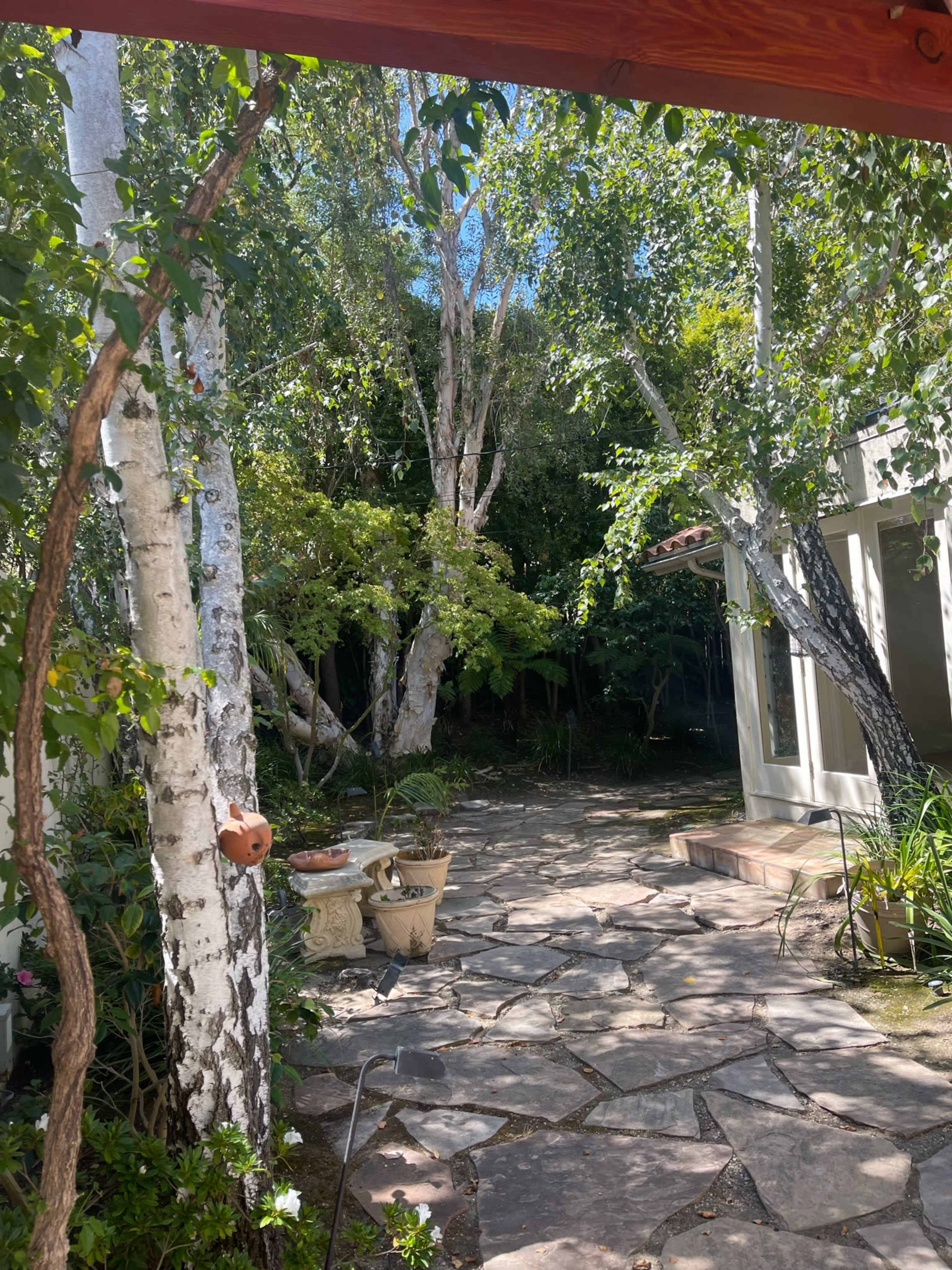 A stone pathway winding through a garden with tall trees and planters.