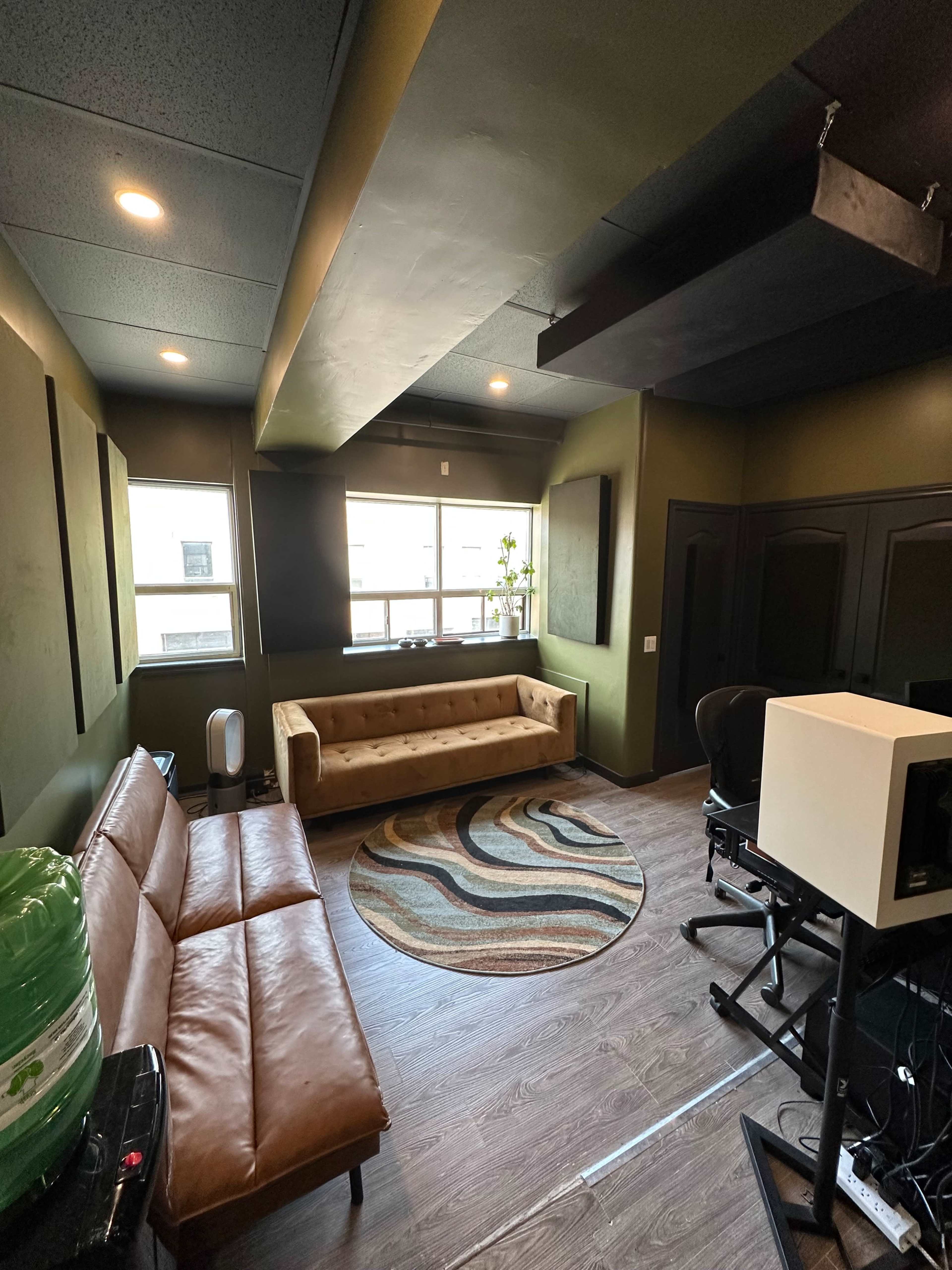 The image shows a modern room with a brown leather couch, a circular rug with wave patterns, and a workspace area with a desk and computer setup, all surrounded by green walls.